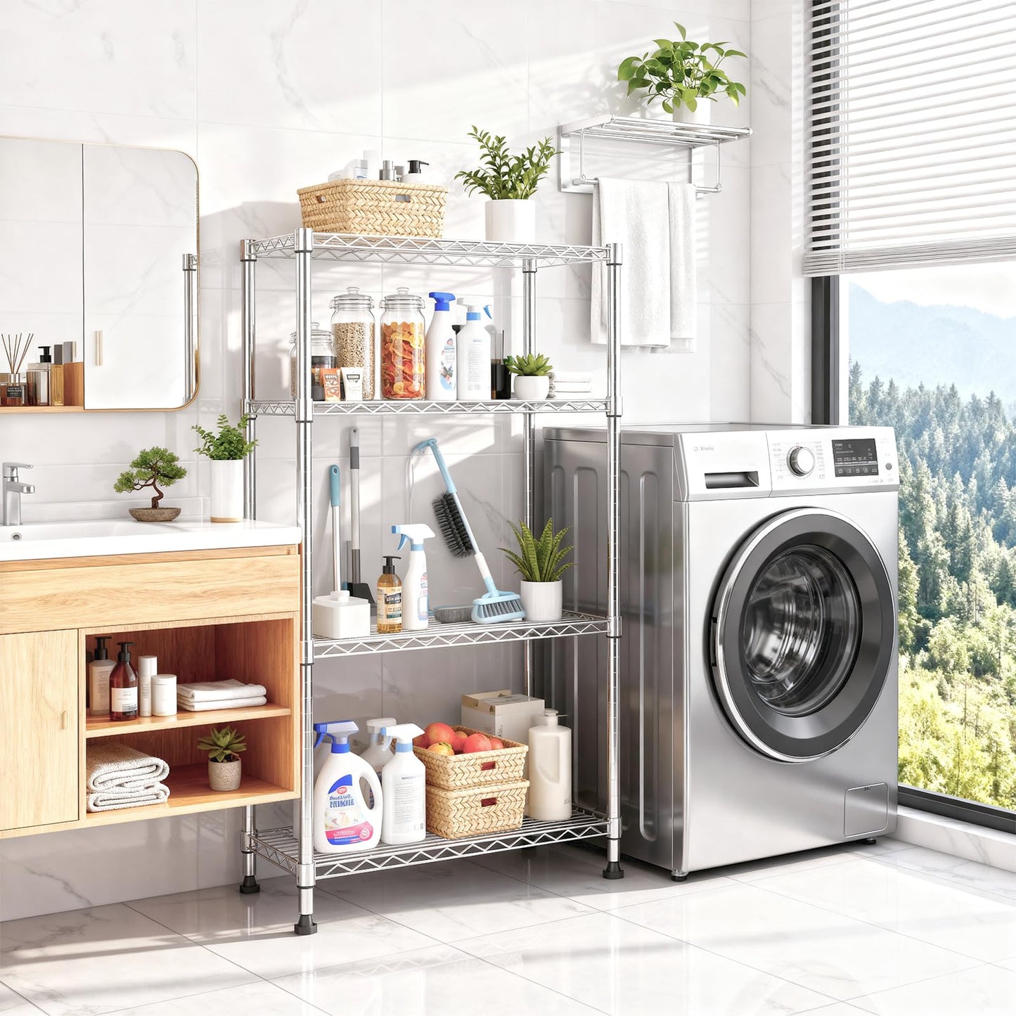 M MZG 5-Shelf Storage Shelves,Wire Shelving Heavy Duty Metal Storage Shelving Unit Adjustable Garage Shelving Rack Pantry Kitchen (Chrome, 4 Tier,15.8" D x 45.3" W x 59.4" H)
