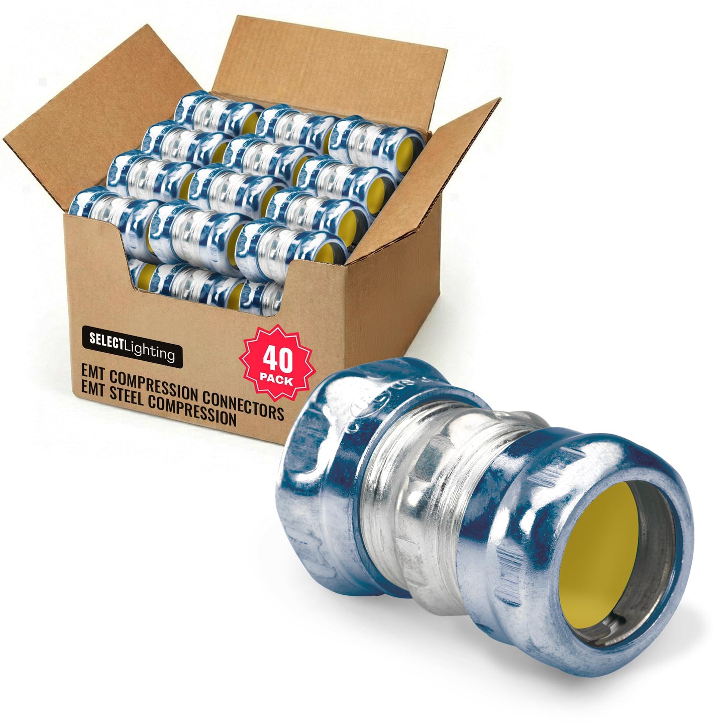 SELECT 40 Pack 3/4 Inch EMT Steel Compression Coupling – Zinc Plated Steel, Rain Tight & Insulated, Waterproof Conduit Fittings for Electrical and Home Improvement Projects