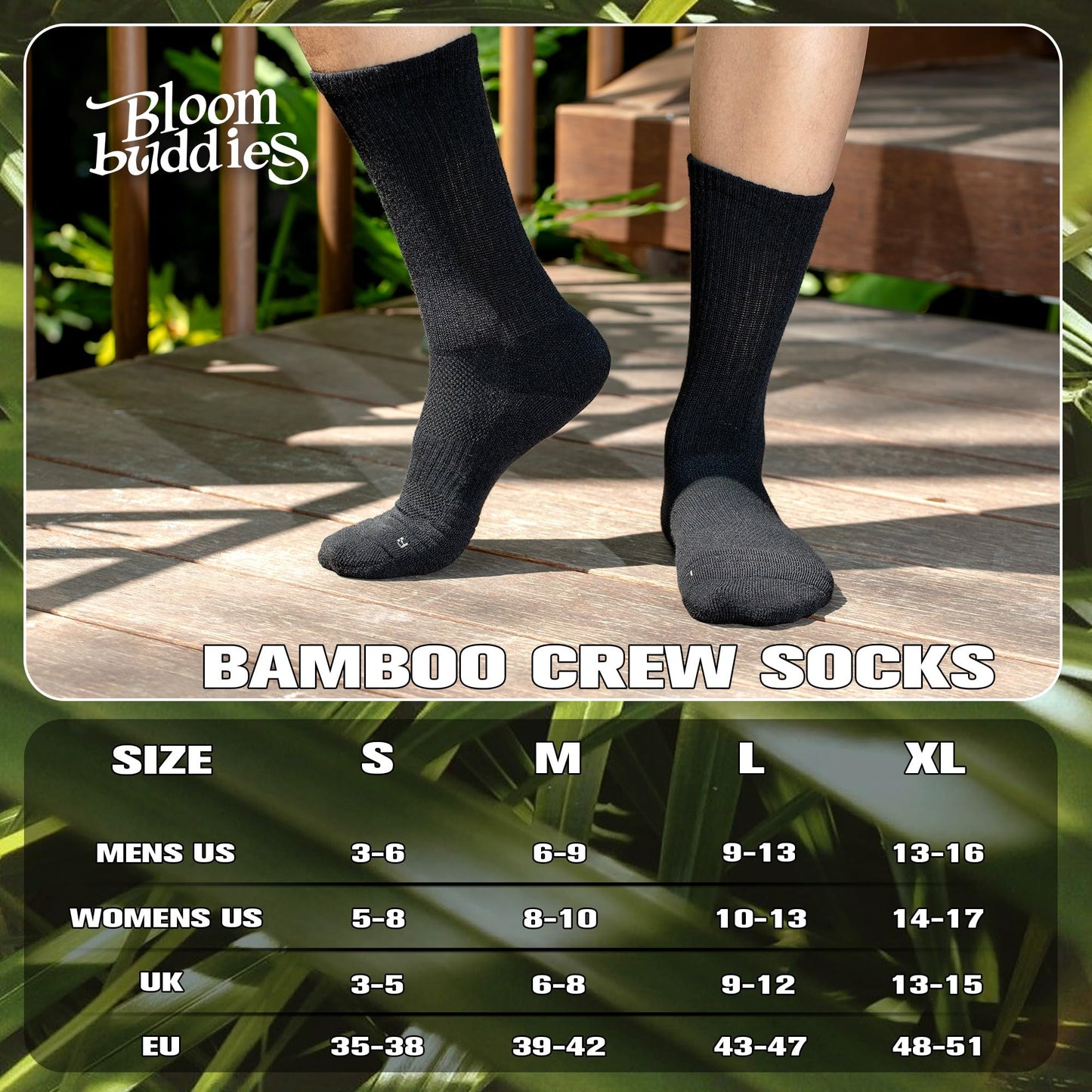 BloomBuddies Bamboo Viscose 6 Pair Men Women Crew Compression Sock Running Cushion Moisture Wick Anti Blister Athletic Hiking