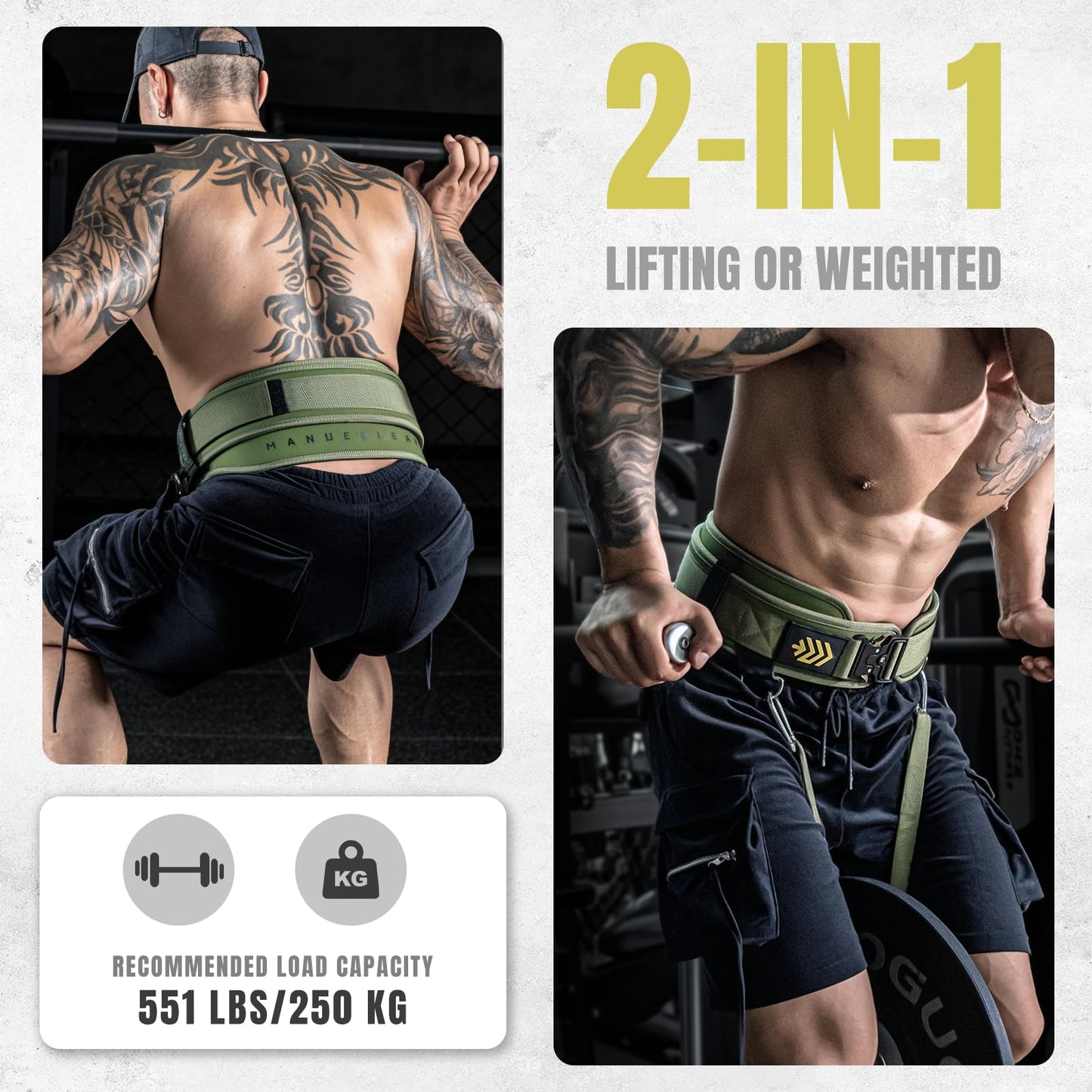 MANUEKLEAR 2-in-1 Weightlifting Belt & Dip Belt with 36.7 IN Rope, Double-Layer Weight Lifting Belts, Powerlifting Gym Weighted Belt for Pull Up Squat (Olive Drab, L(34-37in))