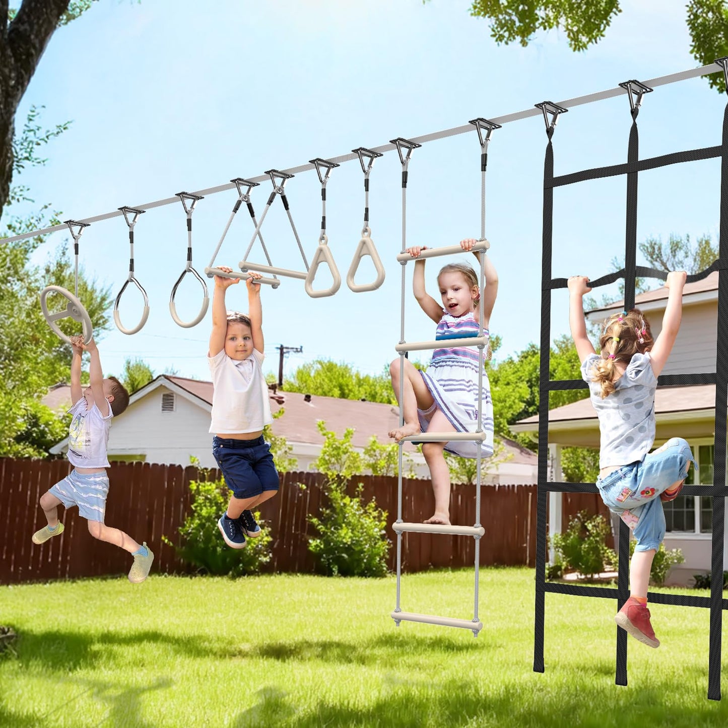 Hapfan 60 FT Ninja Warrior Obstacle Course Swing Set for Kids with Weather-Proof Accessories, Outdoor Playset with Monkey Bars for Backyard