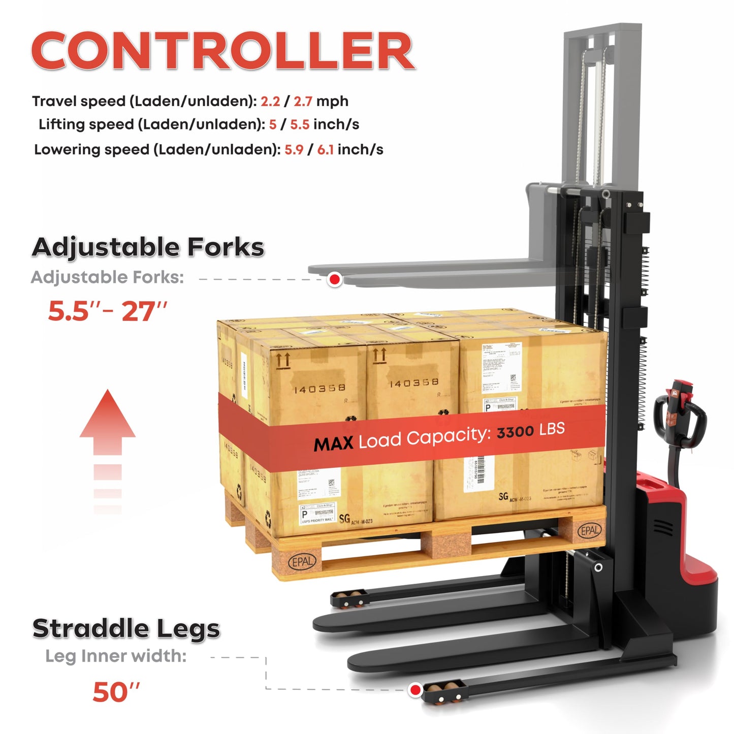 Full Electric Forklift Walkie Pallet Stacker with Fixed Straddle Legs and Adjustable Forks 5.50 Inch to 27 Inch – Material Lifter 3300lbs Capacity 12Ft/138 Inch Lifting Heights - (US-ES33K-138)