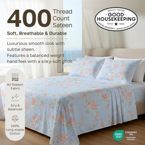 California Design Den King Size Bed Sheets Set - 400 TC Soft Cotton, Smooth Sateen Finish, Deep Pockets - Floral Blue/Pink
