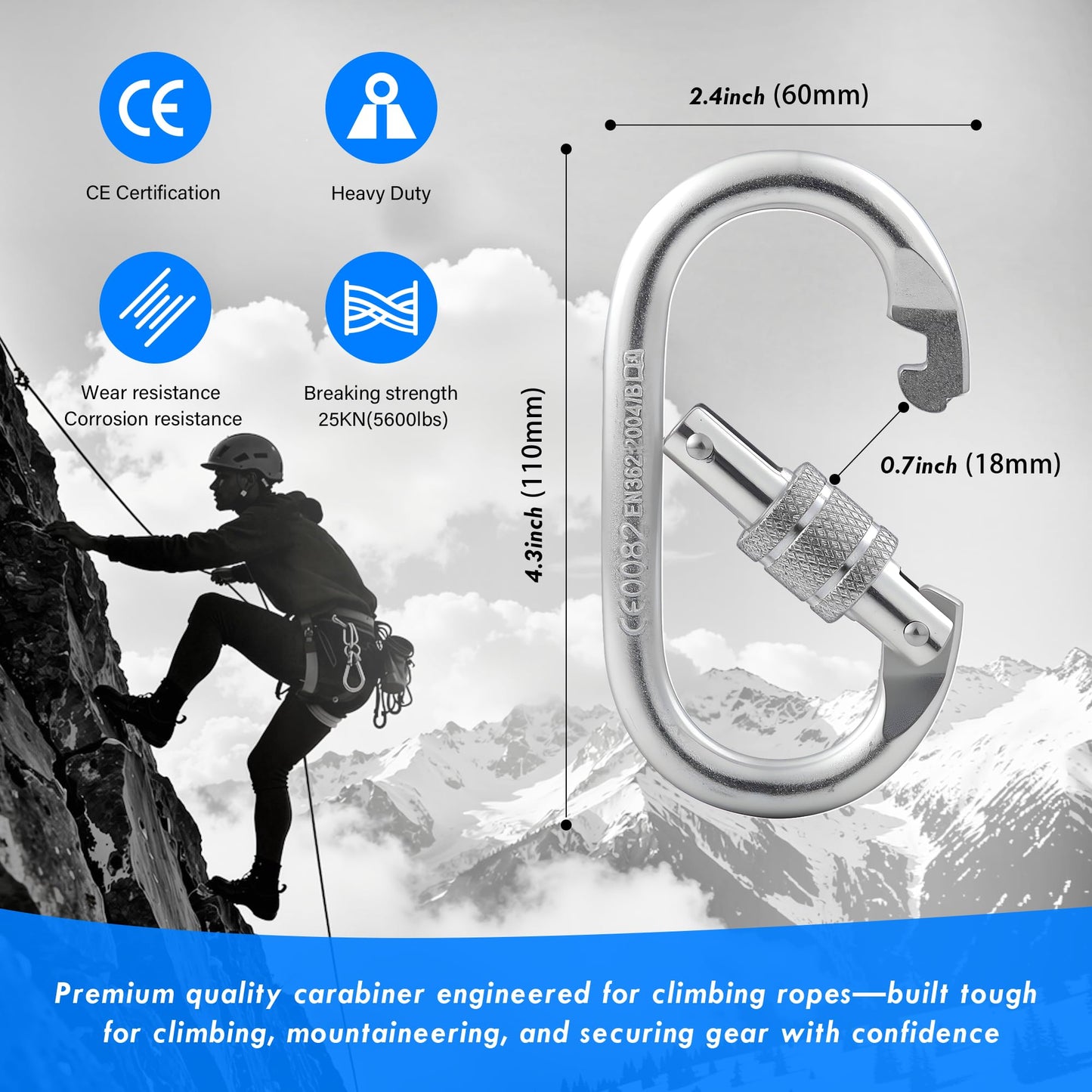 Hopeseily Static Rock Climbing Rope, 10mm x 64FT Arborist Rope with 2 Heavy Duty Carabiners, Rappelling Rope for Outdoor Hiking Camping Tree Work Caving Fire Rescue Safety Escape Parachute