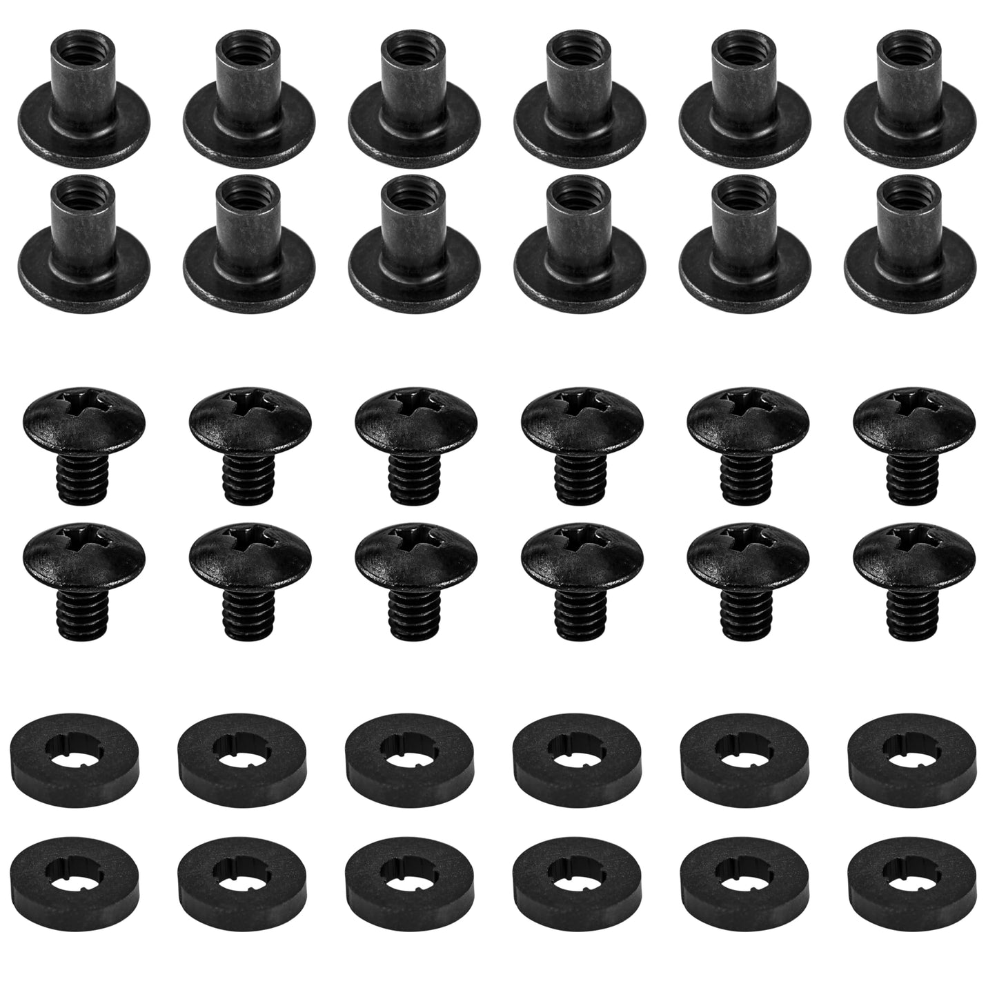 Black Chicago Screws, 12 Sets - for DIY Kydex and Leather Gun Holsters/Clips and Knife Sheaths, 1/4 Inch, Includes Phillips Truss Heads + Open Slotted Fasteners + Rubber Washers/Spacers