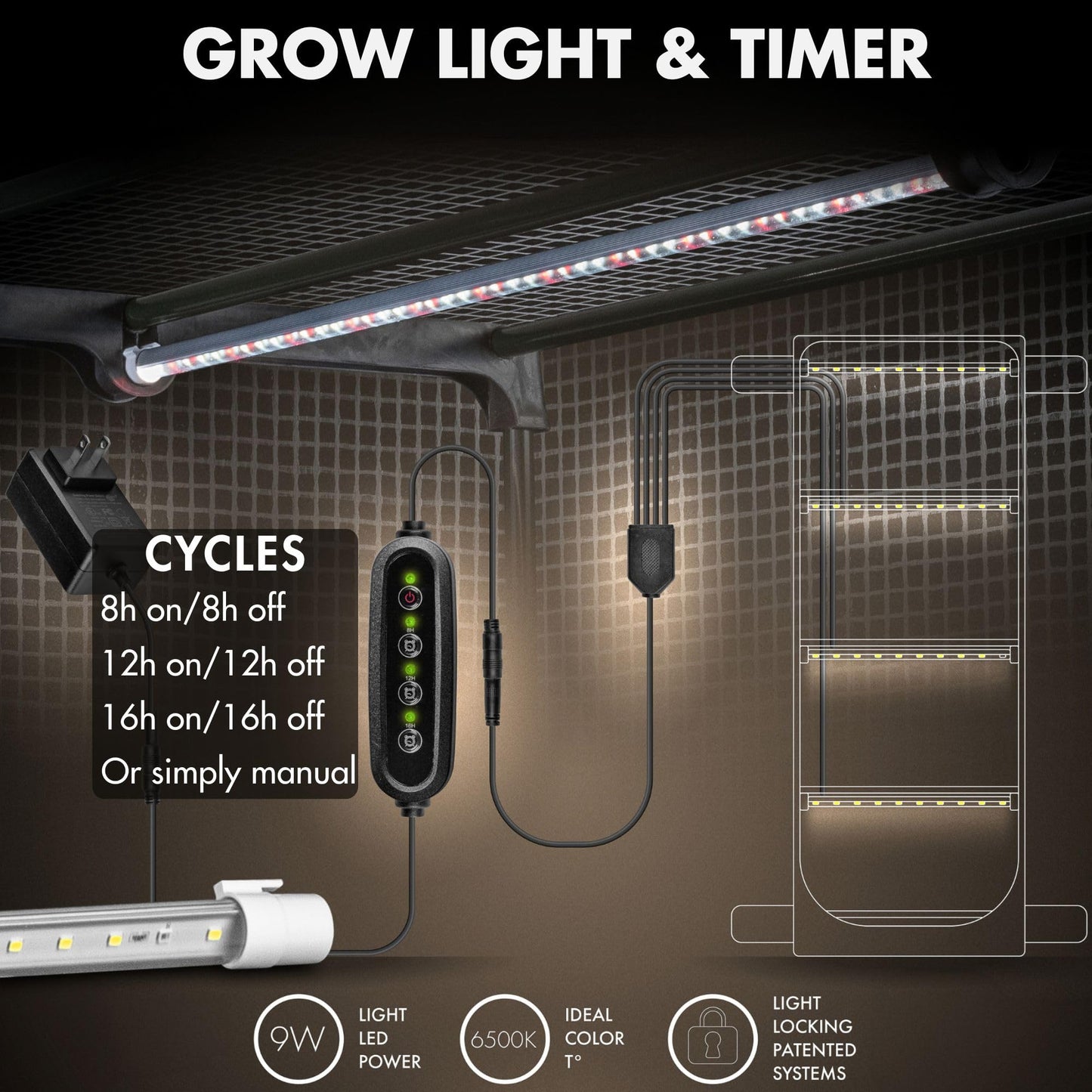 Mushroom Grow Tent with 6500K LED Light & Timer, 4-Tier Shelves Fit Up to 8 Monotubs, Mini Indoor Greenhouse with Grow Light, Waterproof Tray, 4 Vents, Martha Tent