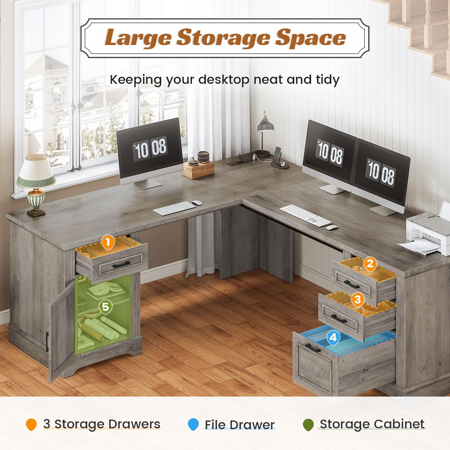 SEDETA 69" L Shaped Desk with Drawers and Storage, Farmhouse Computer Desk with File Drawers and Power Outlet, Corner Executive Desk with Storage Cabinet for Home Office, Grey