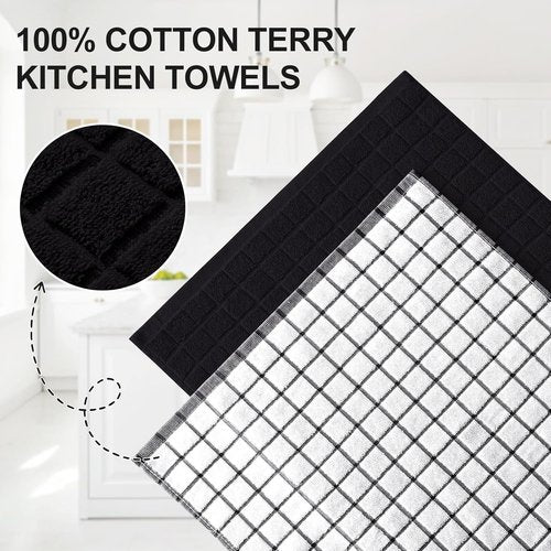 Homaxy Premium Cotton Kitchen Towels - Super Absorbent 390 GSM Dish Towels | 16"x28", Black Check Design, 6 Pack
