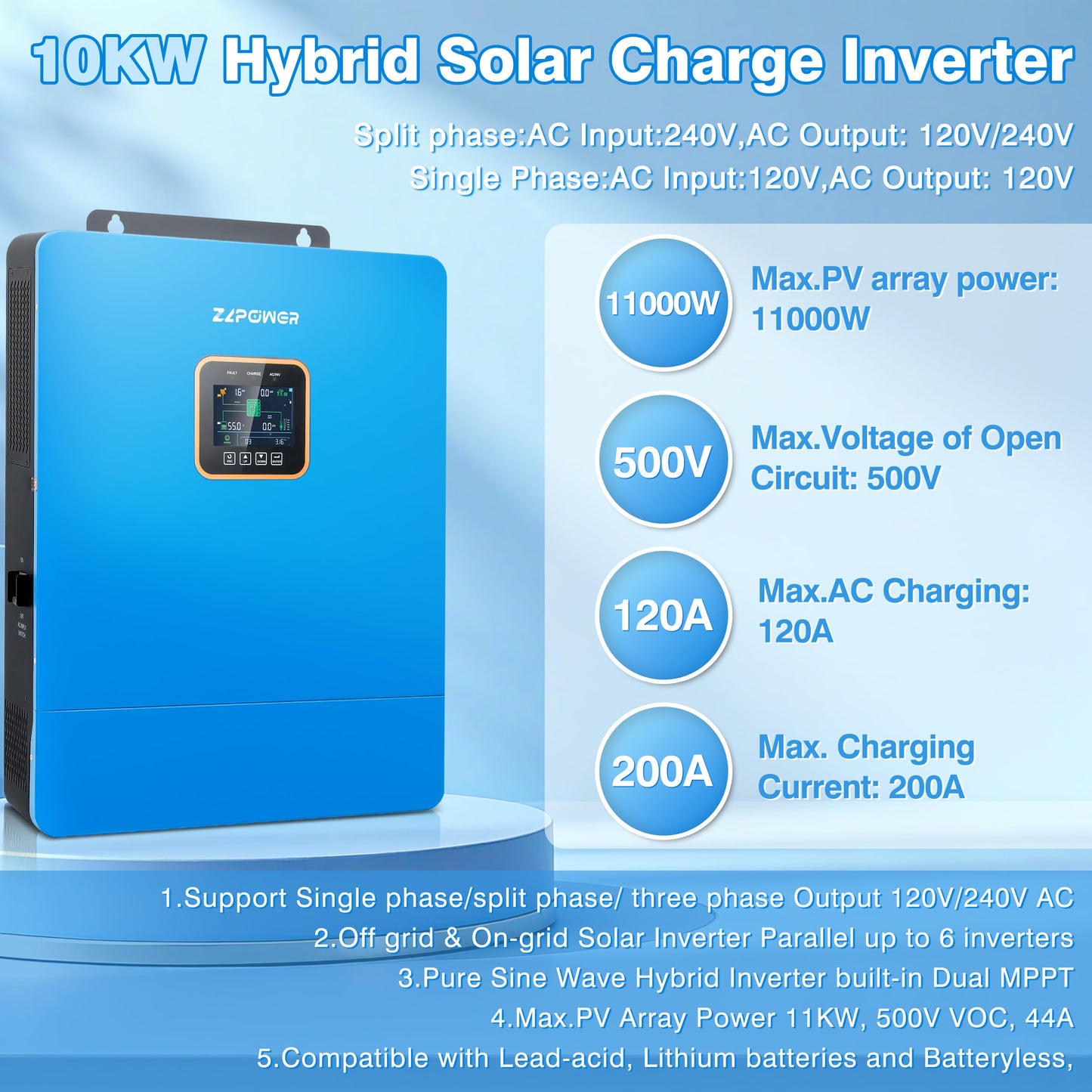 ZLPOWER 10000W Solar Inverter 48V Split Phase 120V/240V, 11000W Max PV Input Hybrid Inverter Charger, Battery-Free Operation, Pure Sine Wave for Whole Home Backup (WiFi and BMS COMM)
