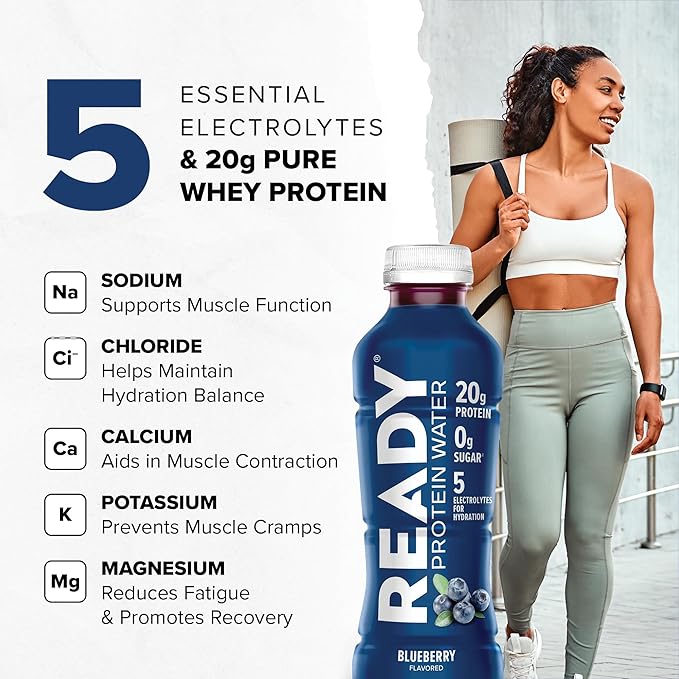 Ready® Protein Water ??20g Whey Protein Isolate, Zero Sugar, Low-Calorie Sports Drink for Hydration & Recovery ??Electrolytes, Essential Amino Acids ??Blueberry, 16.9 fl oz Bottles (12-Pack)