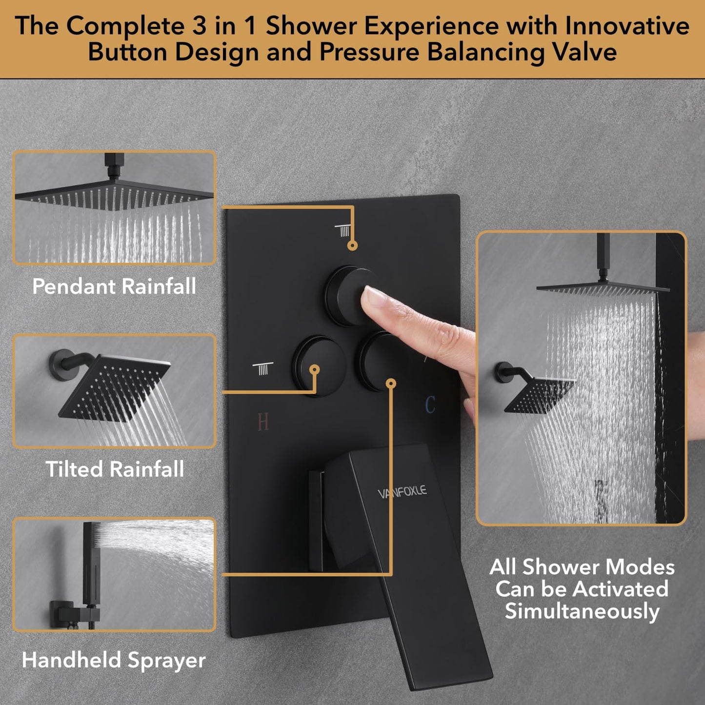VANFOXLE Shower Faucet Set Matte Black Shower System, Push Button Diverter Shower Faucet with Trim Kit, Ceiling Mount 10 Inch Shower Head Increased Thick, 6 Inch Side Shower Head, 2-in-1 Handheld