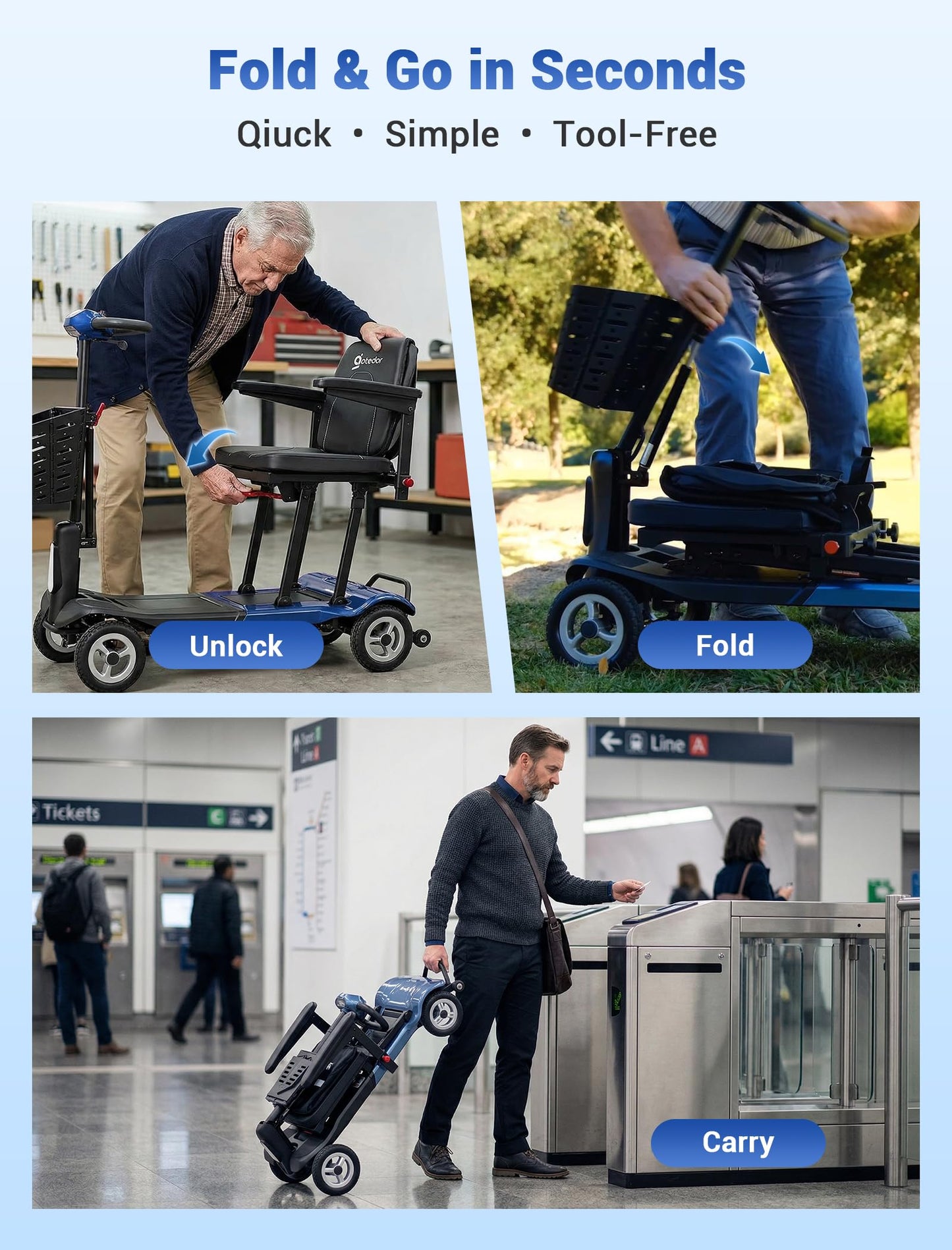 Aotedor Ultra Lightweight Mobility Scooter for Adults, 36 lbs Foldable Electric Scooter with Dual Lithium Batteries, 22 Miles Range Portable Travel Scooter for Seniors, Airline Compliant