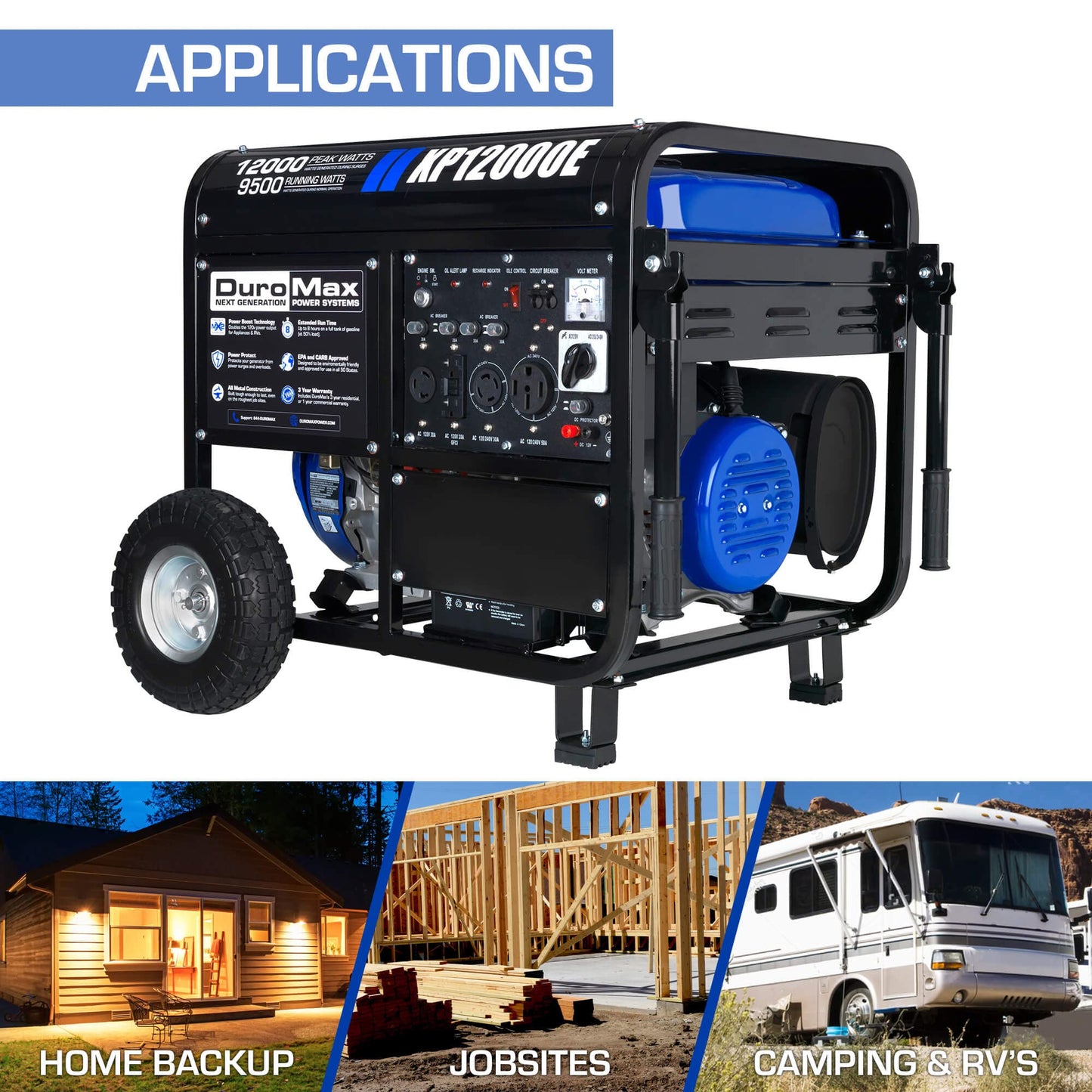 DuroMax Gas Powered Portable 12000 Watt-Electric Start-Home Back Up & RV Ready, 50 State Approved Generator, Blue, Black