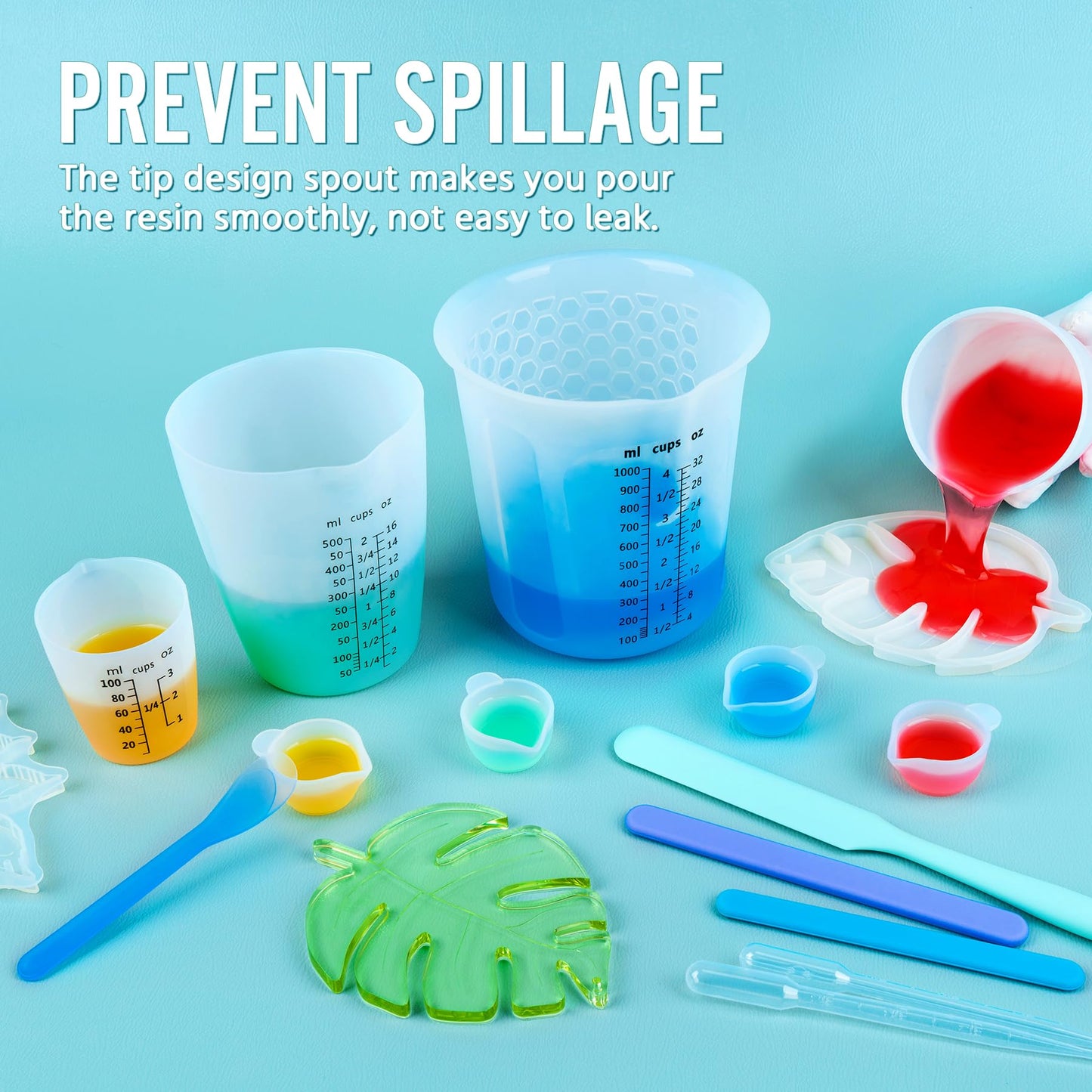 SWIGRANCE Silicone Resin Mixing 1L Measuring Cup Set for Resin Supplies, Easy-to-Read Marks, 1000ml/32oz Large Cup, 500&250&100ml Thickened Reusable Silicone Cups for Epoxy Mixing, Jewelry Making