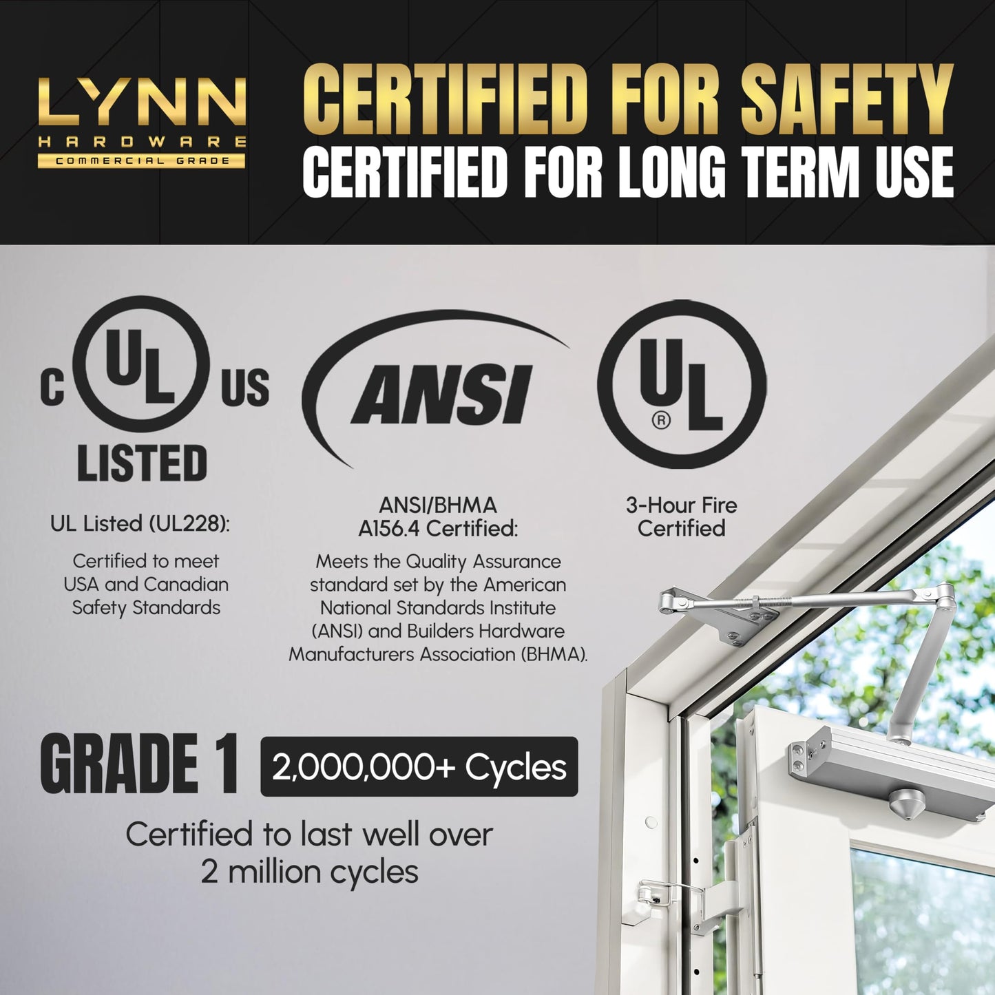 LYNN HARDWARE Medium/Heavy Duty Automatic Door Closer (Silver) - Commercial Grade, Contractors Choice, Adjustable Speed & Force, 3 Mounting Options, 3 Hour Fire Rated (DC7016 Model)