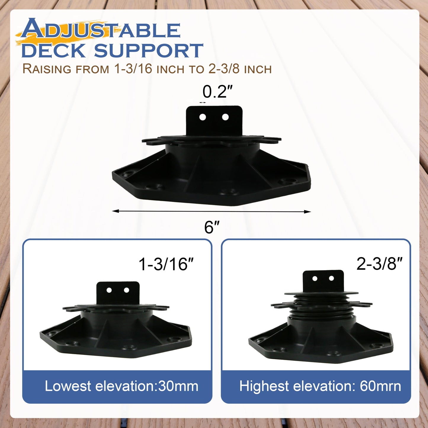 Goldshire 24Pack Adjustable Deck Support Pedestal, Plastic Adjustable Deck Foundation Base, Height Adjustment Raising from 1-3/16" to 2-3/8", Black