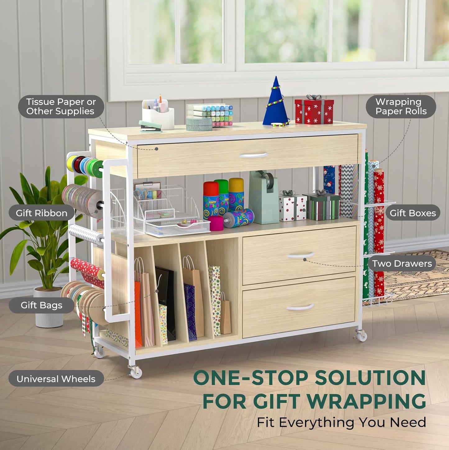Skiennix Wrapping Paper Organizer - Stylish Craft Cart with Ribbon & Gift Bag Storage | 3 Wooden Drawers - Oak