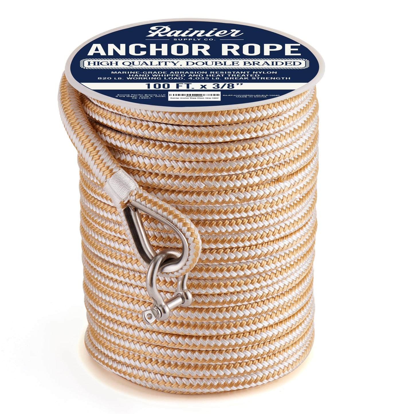 RainierSupplyCo Boat Anchor Rope - Double Braided Marine Rope Anchor Line - 100 ft x 3/8 Inch Nylon Boating Line with 316 Stainless Steel Thimble and Heavy Duty Marine Grade Bow Shackle - White/Gold