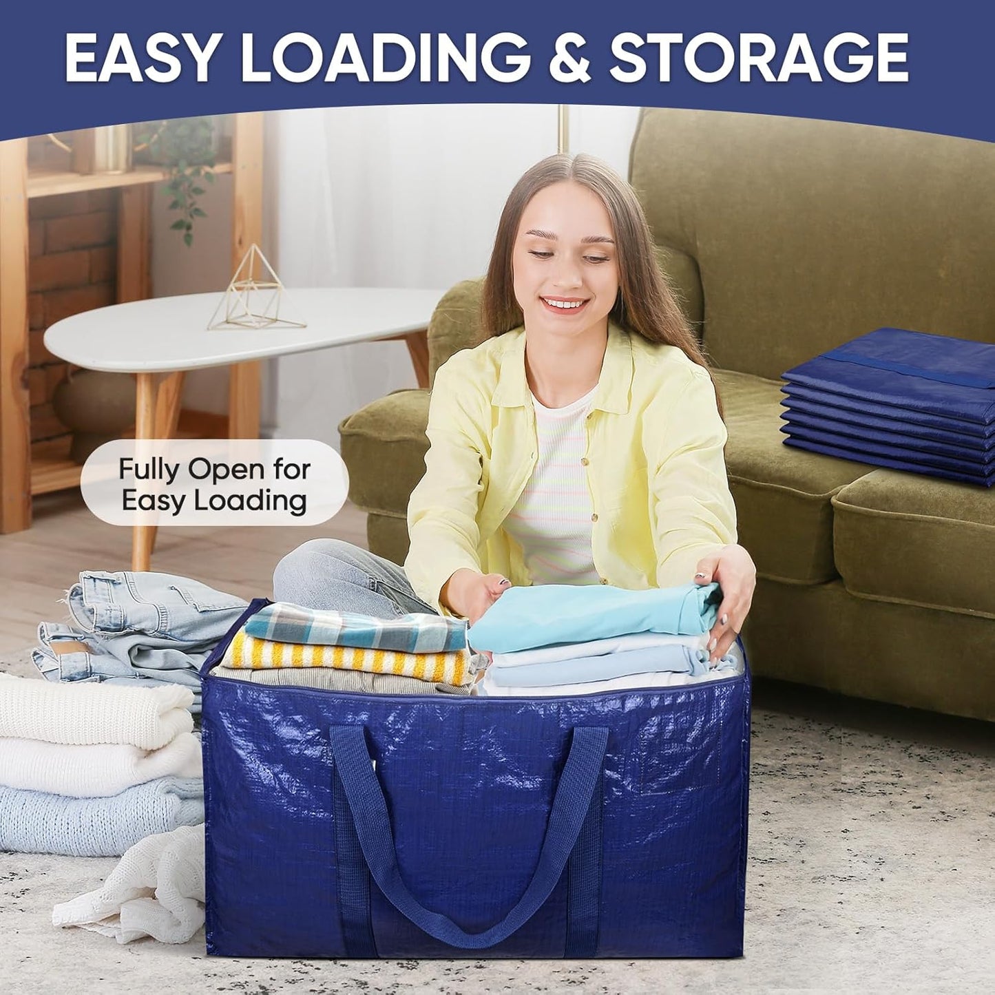 TICONN Extra Large Heavy-Duty Moving Bags - Durable Storage with Zippers & Handles | 4 Pack, Navy