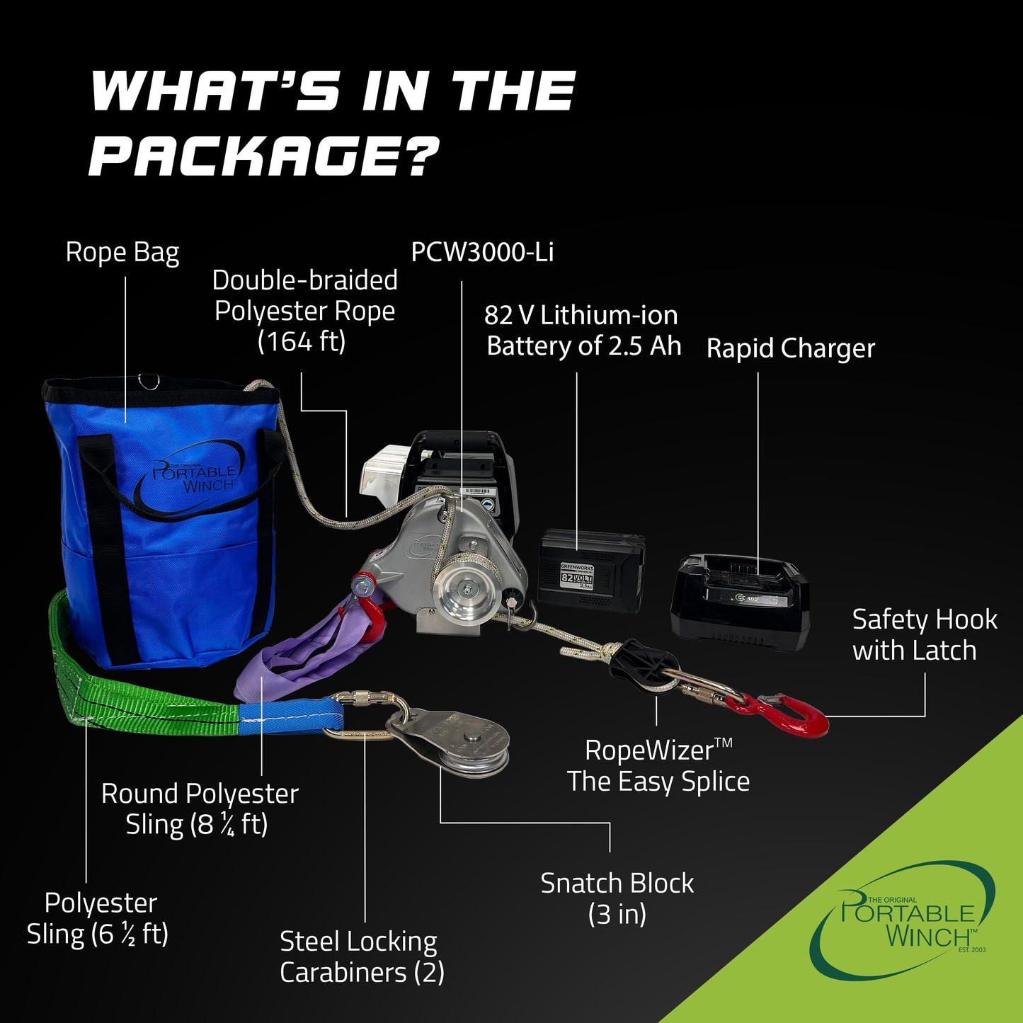Portable Winch PCW3000-Li-A Battery-Powered Capstan Winch with Accessories - 2,200 lbs Pulling Capacity Winch, Lithium-Ion 80/82 V Batteries Powered, for Hunting, Logging, and Towing
