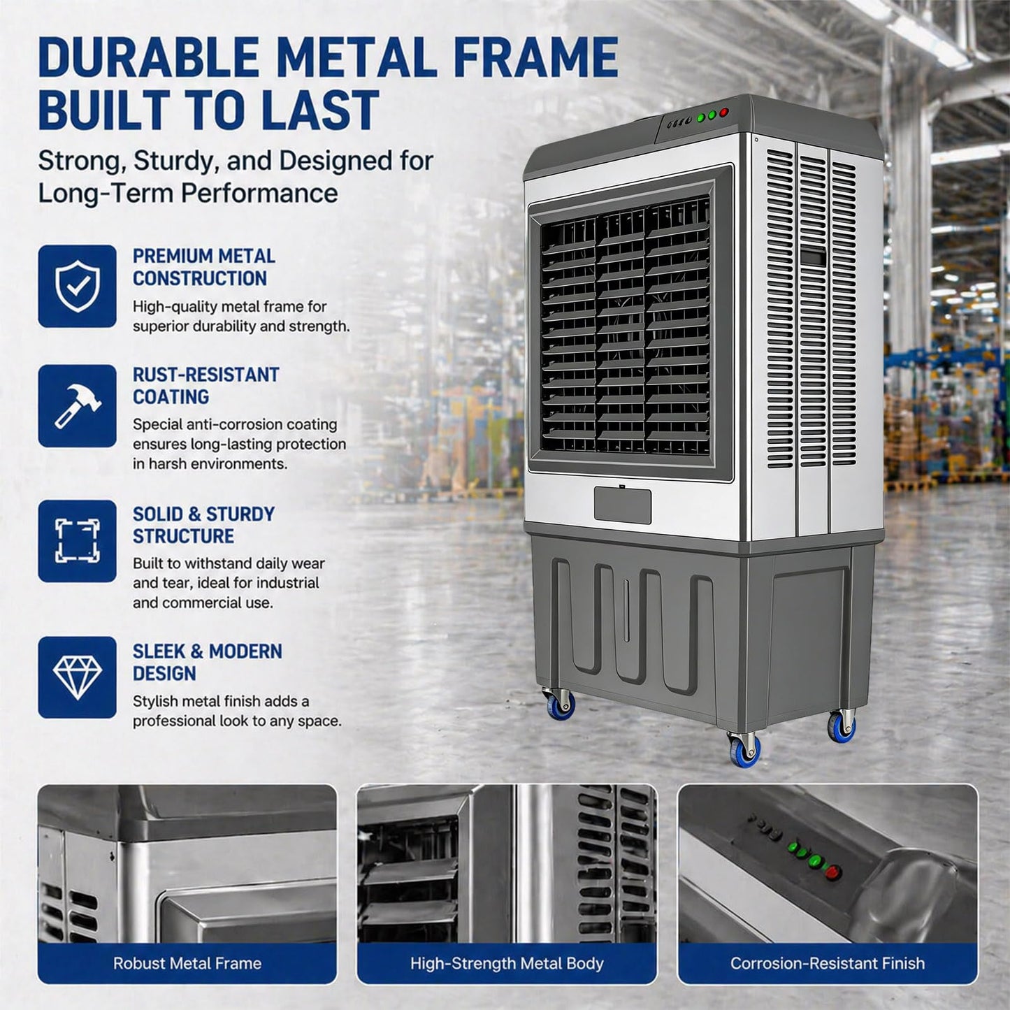 Portable Evaporative Air Cooler with 100L Auto Fill Water Tank, 3-Speed Fan, Oscillation, Manual Louvers, Ice Boxes, Lockable Wheels, for Large Rooms, Workshops, Garages, Patios.