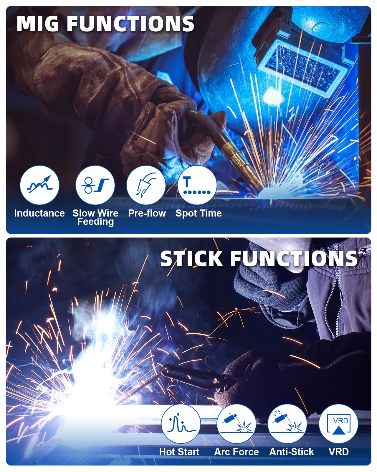 AZZUNO 200A MIG Welder+Lift TIG Welding Torch WP-17V(35-50mm²), 110V/220V 8 in 1 Welder Machine Aluminum MIG/Gas MAG/Gasless Flux Core MIG/Gas MIG/Spot MIG/Spool Gun Compatible/Lift TIG/Stick Welding
