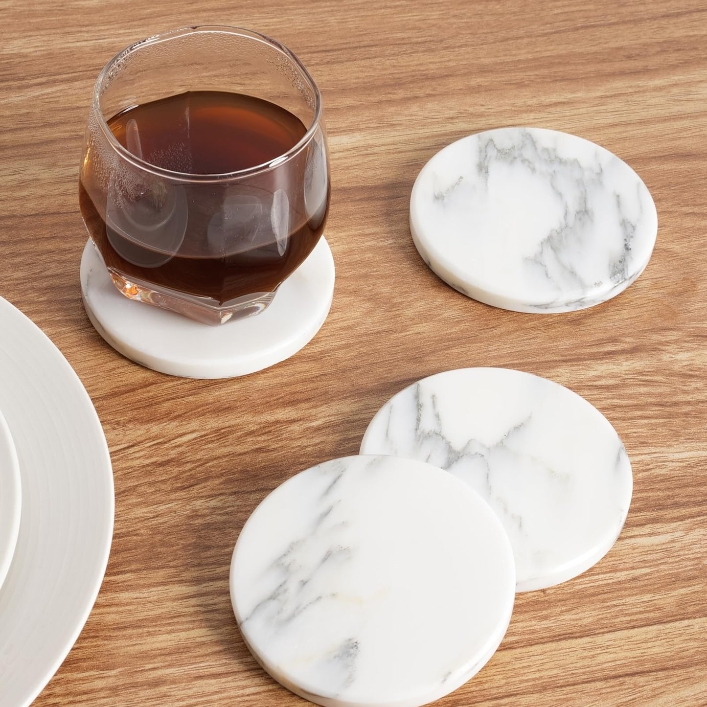 BCS Marble Coasters Set of 5 with Holder, Square Stone Drink Coasters for Coffee, Wine and Cocktails, Non-Slip Durable Cup Mats, Elegant Home, Bar & Kitchen Table Decor (Crema Beige)