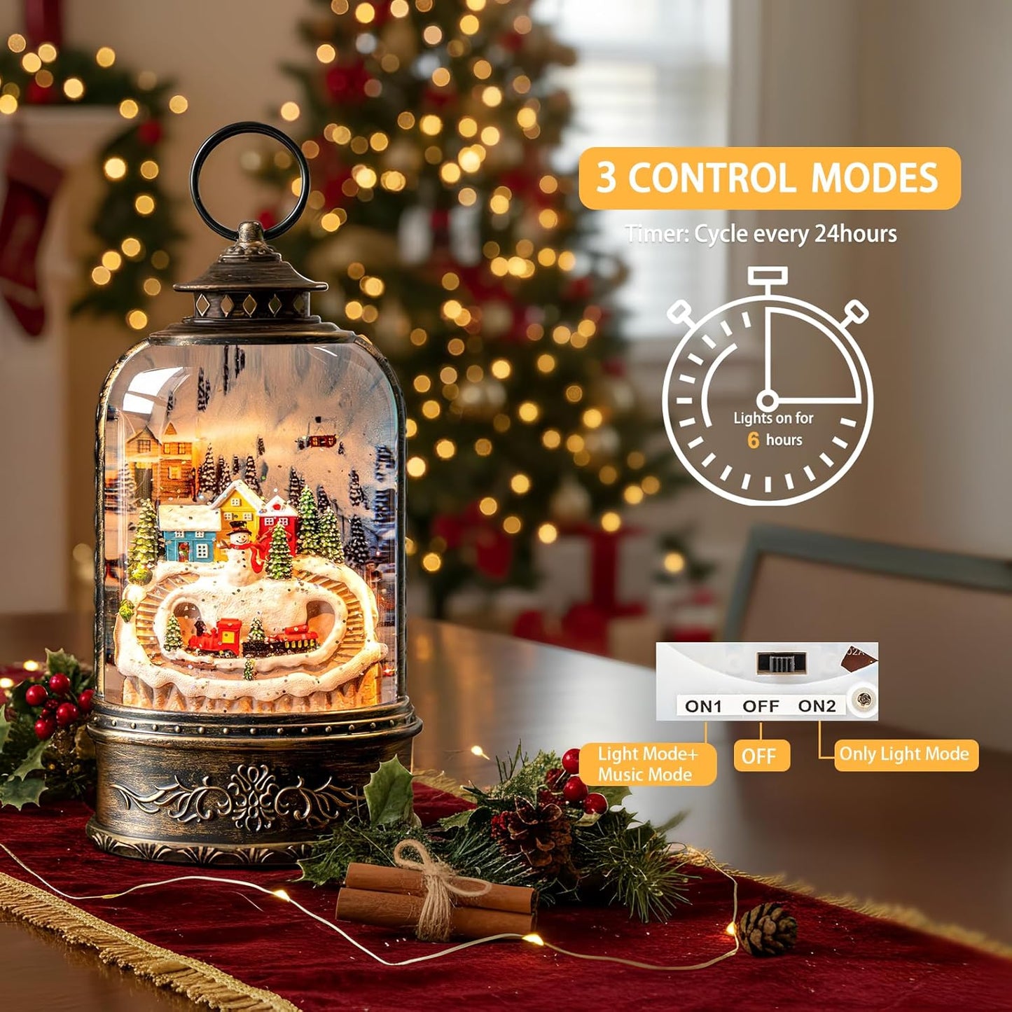 Skiennix Christmas Snow Globe Lantern - Glittering Snowman & Train with Music | USB & Battery Operated