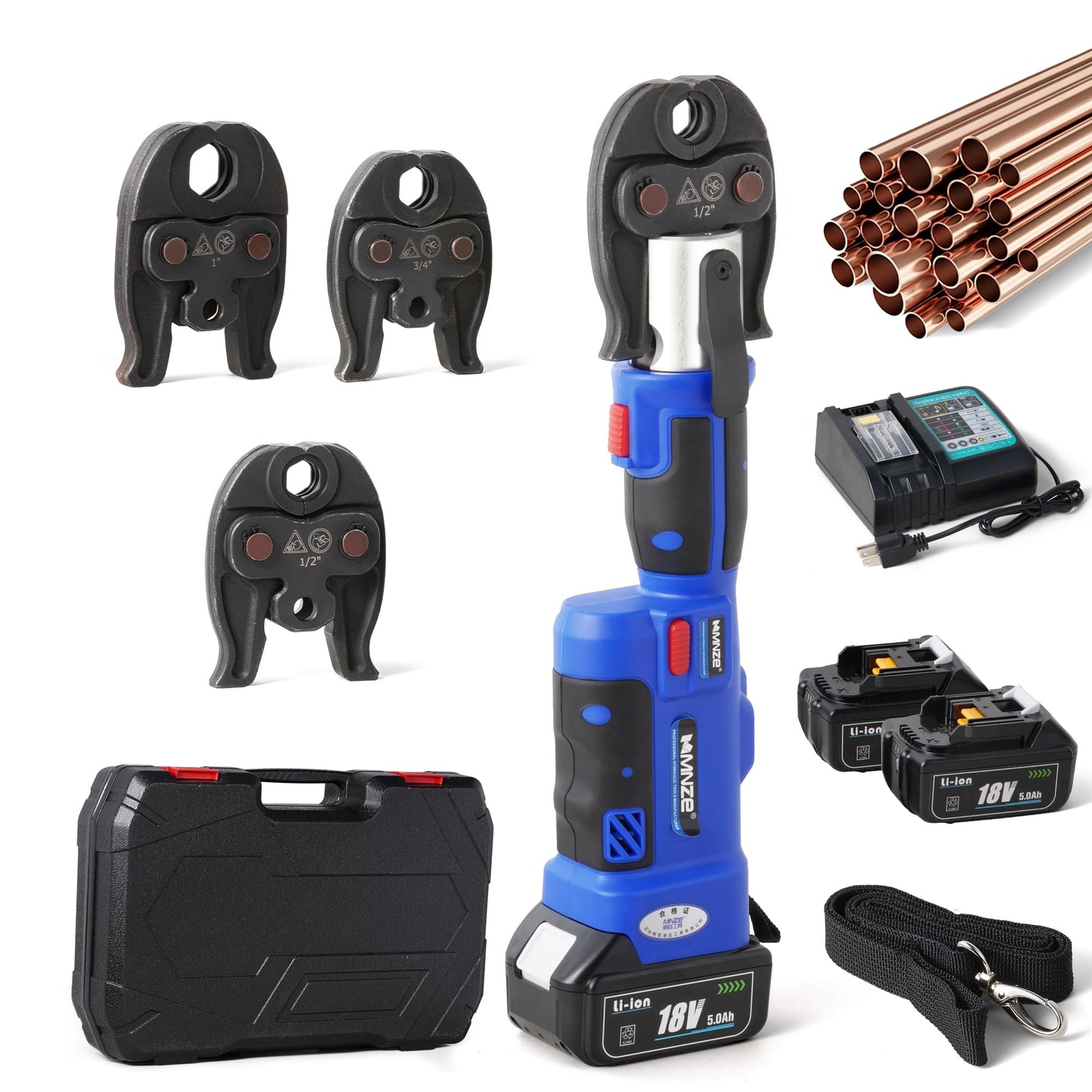 MMNZE Pro Press Tool Kit, Electric Rechargeable Copper Stainless Steel Tube Pipe Fitting Crimping Tool with 1/2" 3/4" 1" Pro Press Jaws and 2 Batteries, 3T 1" Stroke, LS-1525