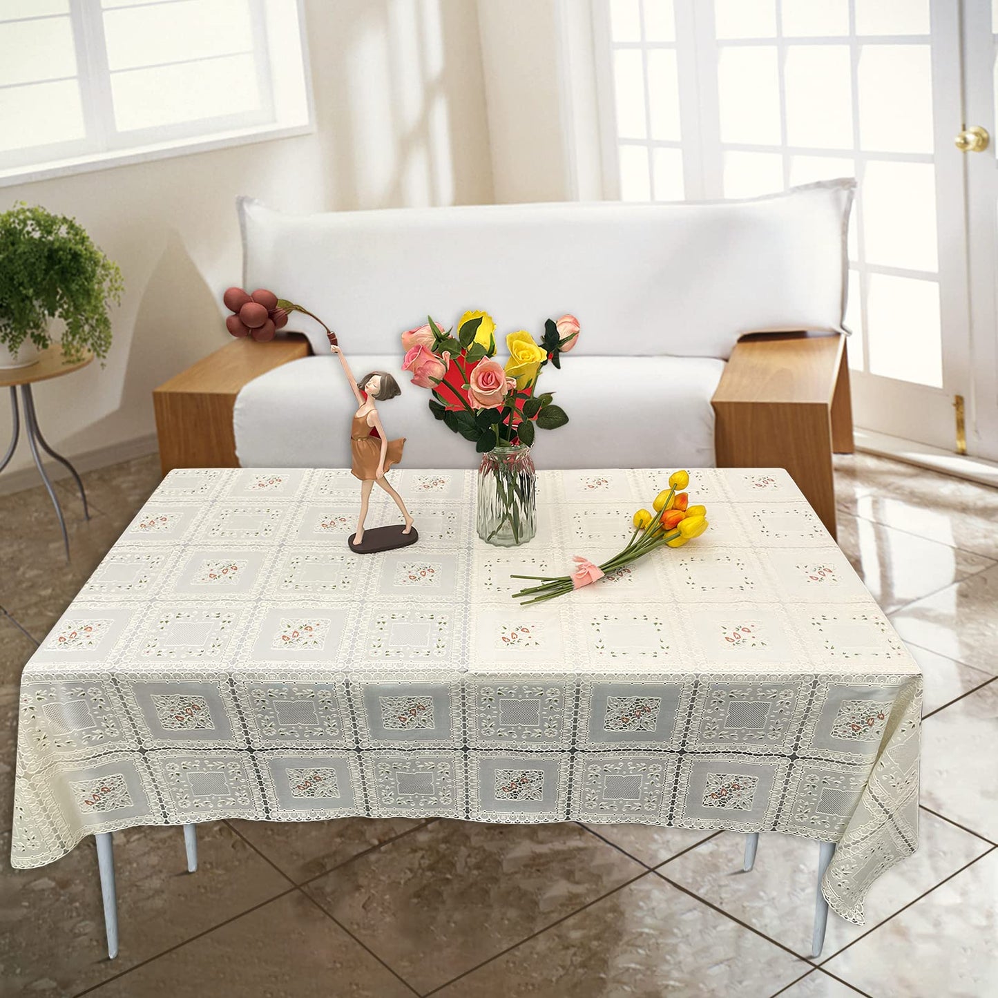 iSamzan Waterproof OilProof Vinyl Table Cover, Plastic Lace Tablecloth for Rectangle Table, Textured Home Decor for Parties, Dining, Kitchen, Outdoor