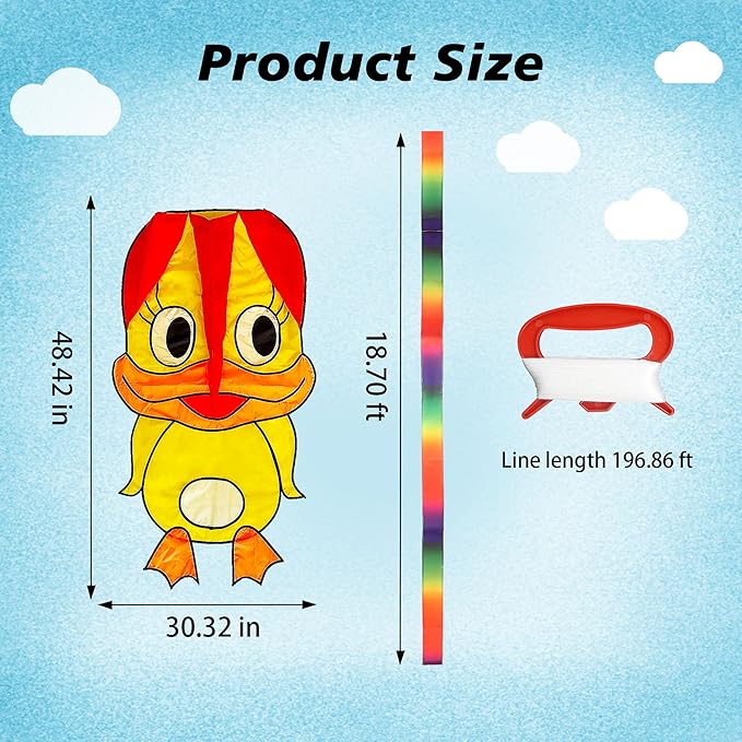 Duck Pattern Kites for Kids, Cute Large Kite Duck Kite with Long Colorful Tail for Kids & Adults, Easy to Fly Kite for Beginners Outdoor Activities