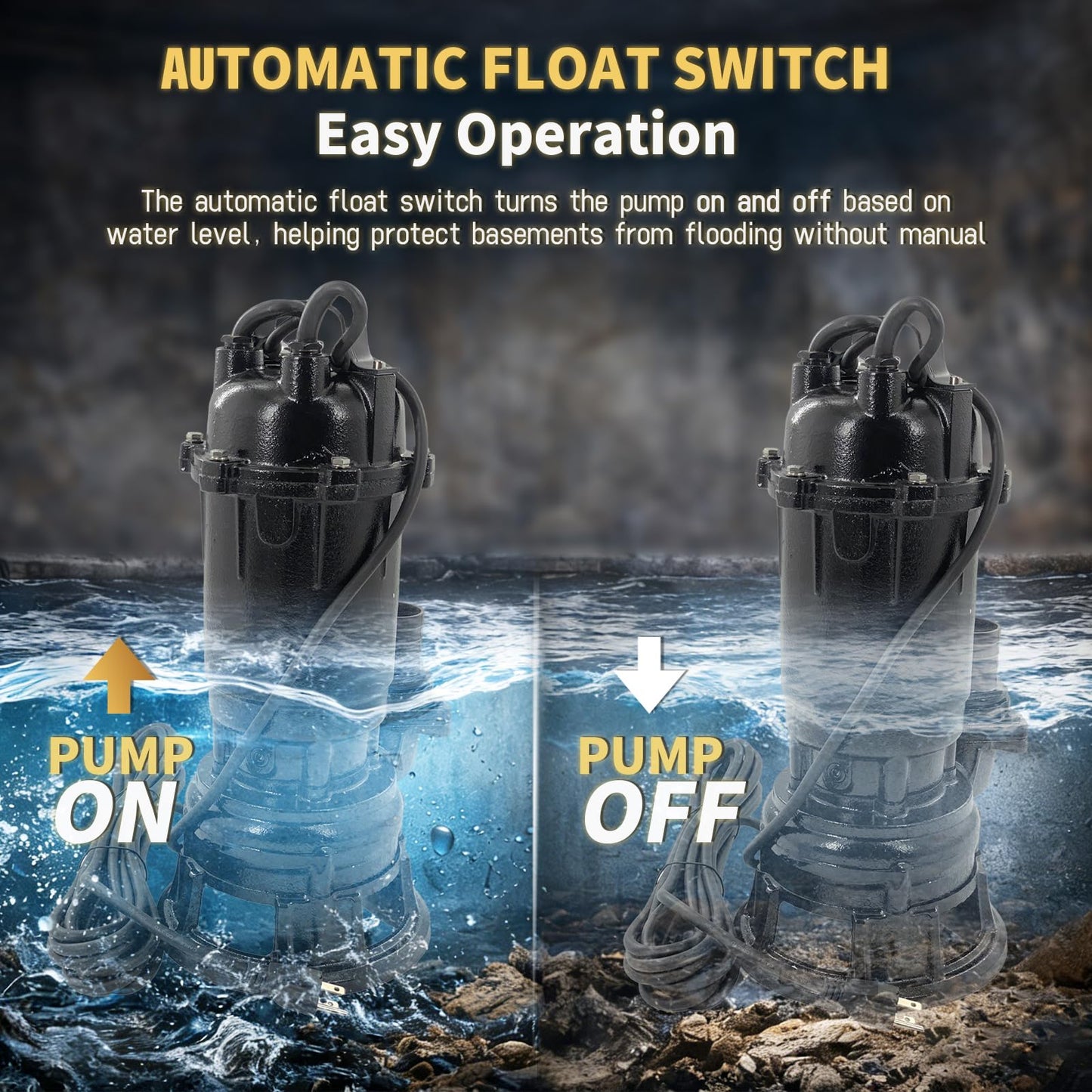 Submersible Sewage Grinder Sump Pump, 2HP 110V 1500W, 6498 GPH Cast Iron Sump Pump with Automatic Float Switch, 2'' NPT Discharge, 66ft Hose for Basement Sump Basin & Sewage Pit