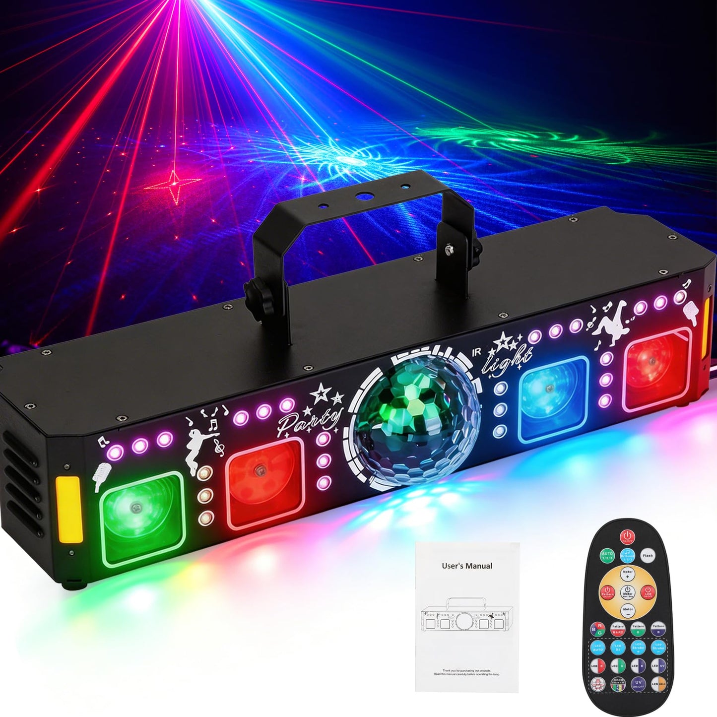 6-in-1 DJ Party Lights, DMX512 & Music Sync Stage Light, Multi-Effect Disco Ball Light with RGB Pattern, UV Black Light & Golden Strobe, Indoor LED Lighting for KTV, Bar, Club and Daily Gathering