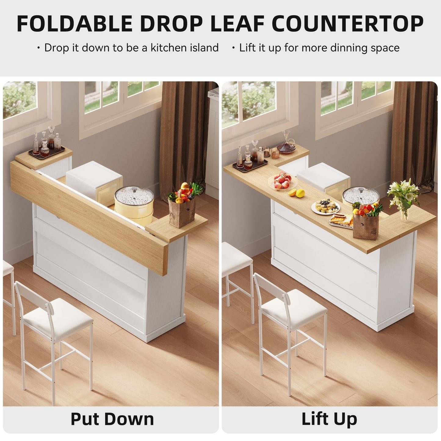 Homiflex Kitchen Island with Seating, Rolling Kitchen Islands with Storage, 55" W Large Island Table, Breakfast Bar Counter with Drop Leaf, Trash Can Cabinet, Power Outlet for Dining Room, White