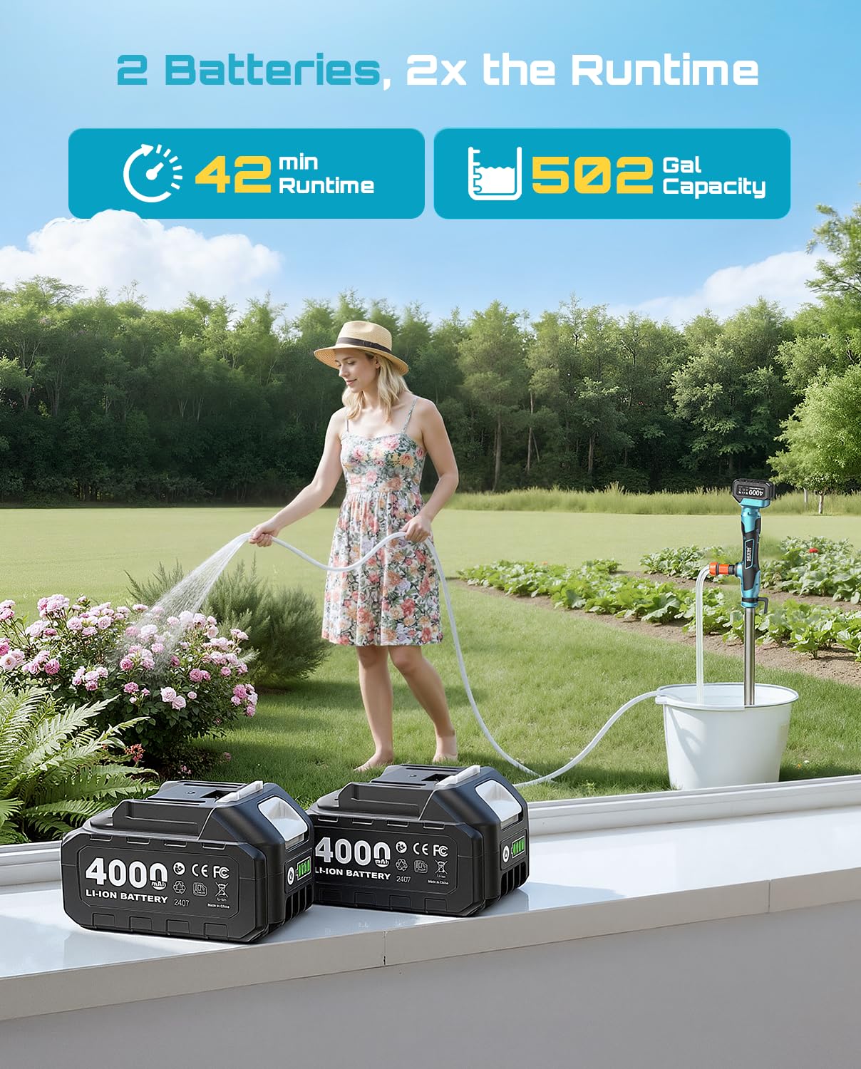 SEESII Cordless Stick Water Transfer Pump with Tripod Stand Hands-free, Portable Submersible Water Pump 720GPH & 2 x 4.0Ah Batteries, 32FT Lift for Pool Draining Boat Bilge Garden Rain Barrel Basement
