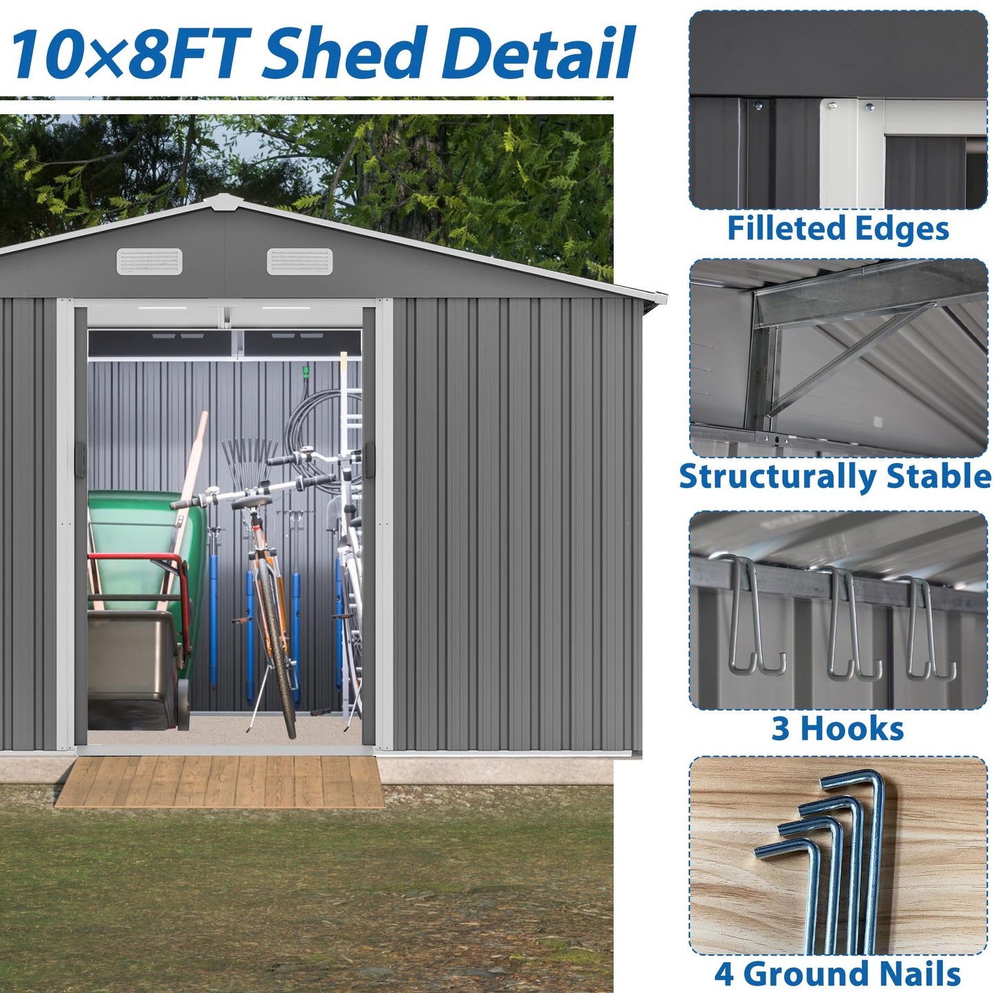 10'x8' Galvanized Steel Outdoor Storage Shed with Top Air Vents, Lockable Sliding Double Door Large Garden Tool Organizer, Gray