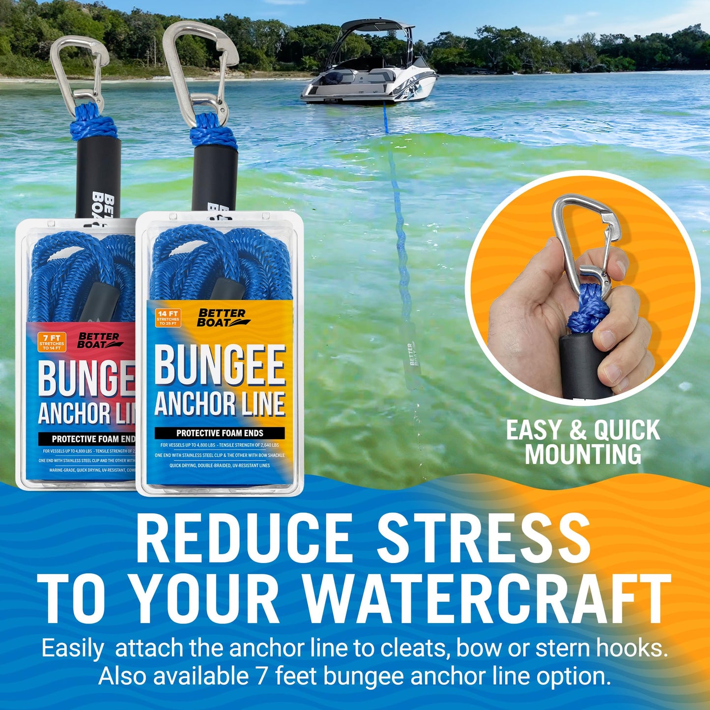 Bungee Anchor Rope, Elastic Snubber Anchor Line, 14 ft to 25 ft Stretch, Blue, for Boats and Anchors