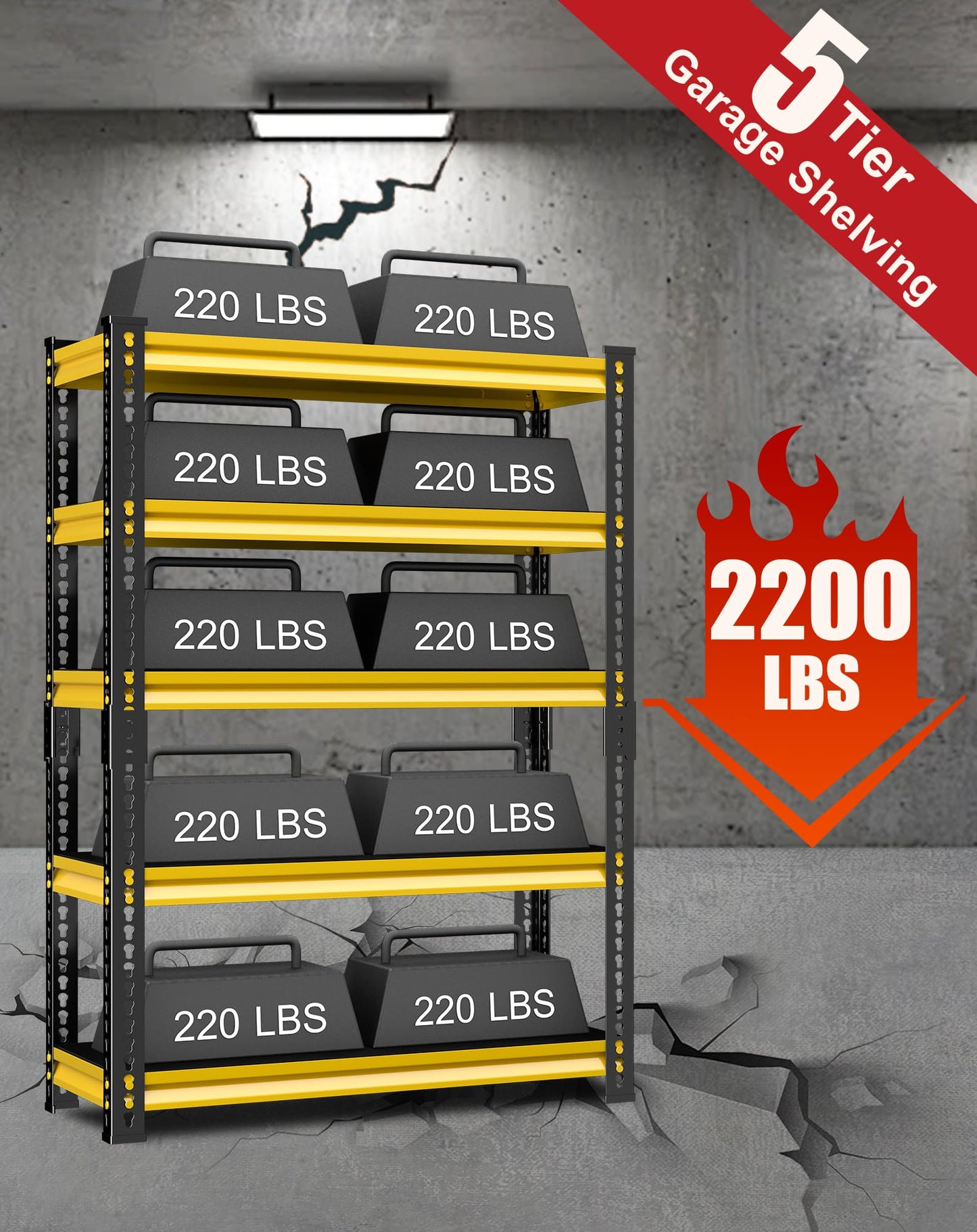 SDXYSTCE Garage Shelving Heavy Duty, 2200 Lbs Loads Garage Storage Shelves Heavy Duty, 5-Tier Metal Shelving Units and Storage for Basement, Retiple Tanks,40''Wx18 Dx72 H,Yellow