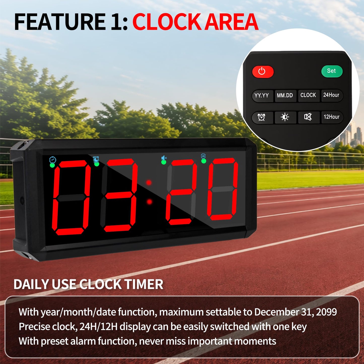 BS-MIAOBO 2.1 Inch LED Gym Clock, Portable Gym Timer, Fitness Timer with Stopwatch, Multi-Mode Countdown Timer with Calendar, 12/24H Clock & Alarm, for Workout, Training, Home and Daily Use