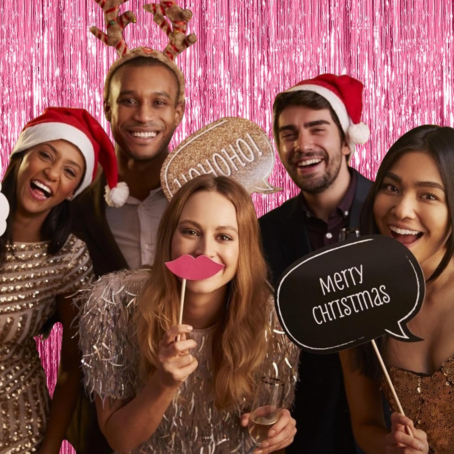 Pink Metallic Tinsel Foil Curtains by [Brand Name] - 2 Pack Photo Booth Backdrop for Parties & Events