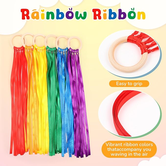 Deekin 12 Pcs Rainbow Ribbon Wooden Waldorf Toys Creative Waldorf Hand Kite Set Streamers with Wood Ring Sensory Learning Educational Toy for Playroom Dancing Birthday(Stylish Color)