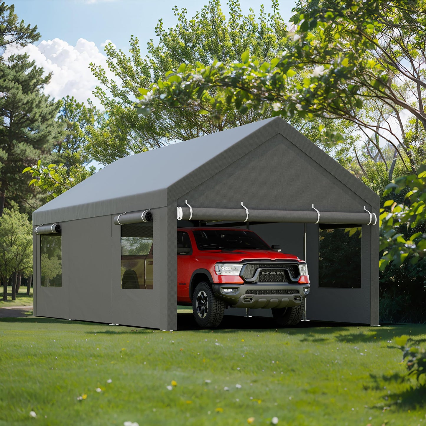 JY QAQA Carport, 12x20 FT Heavy Duty Carport with Removable Side Walls and Doors, Portable Garage with Roll-Up Window and Sandbags, Car Canopy with All-Season Tarp for Cars, Trucks, Boats, Grey
