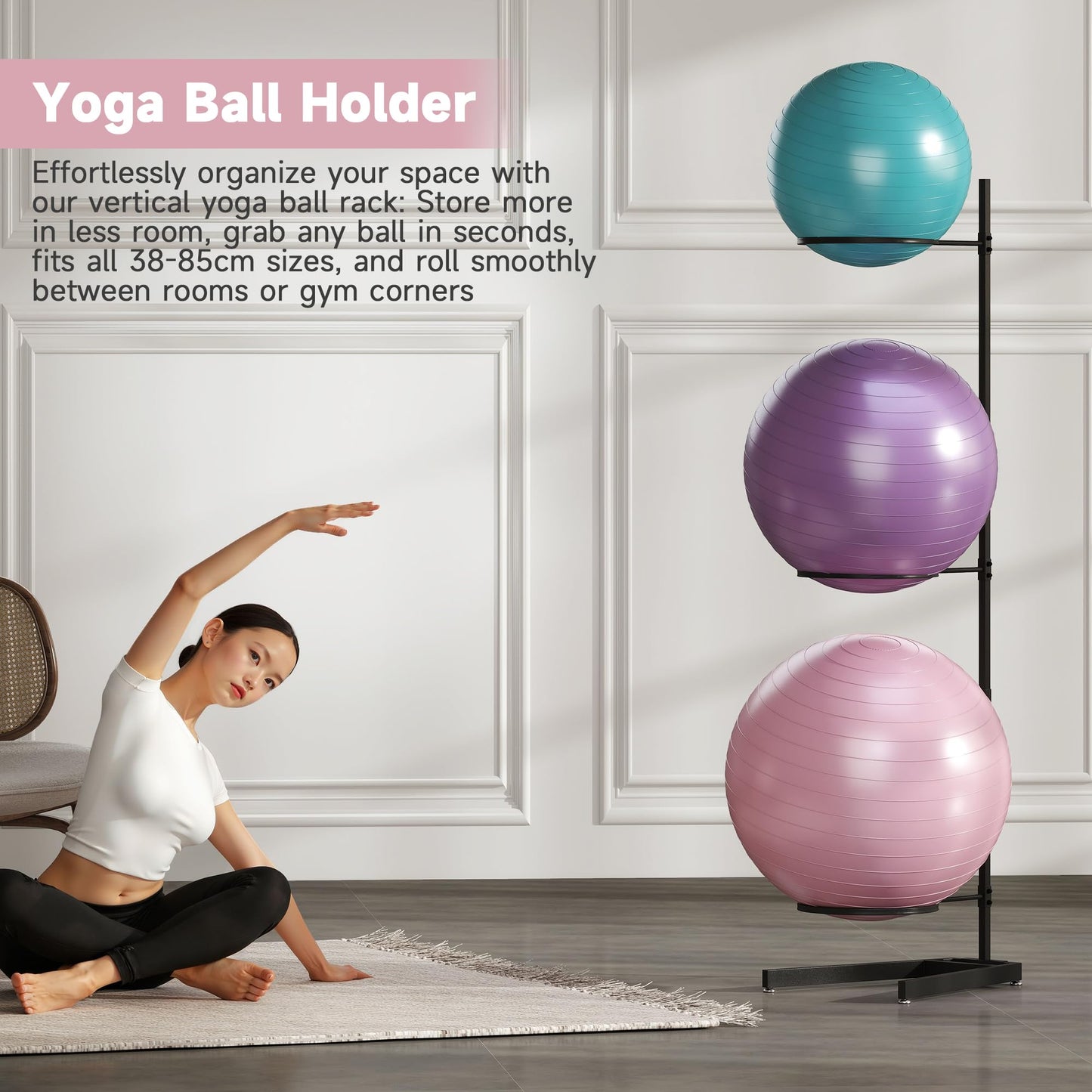 Tcatec Yoga Ball Holder, 3 Tiers Exercise Ball Holder Heavy Duty Stability Ball Stand Gym Accessories Vertical Ball Storage Rack Organizer for Commercial & Home Use
