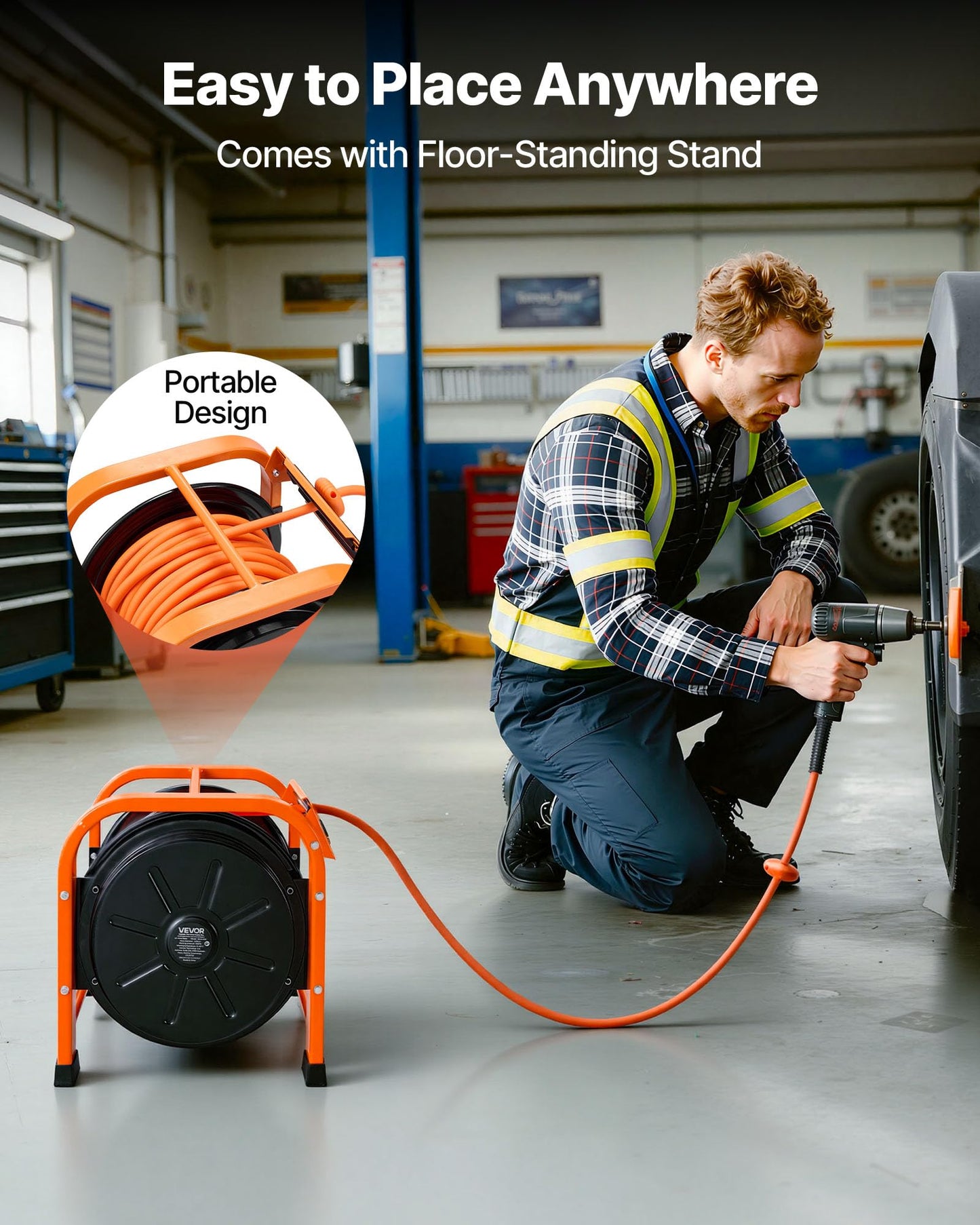 VEVOR Retractable Air Hose Reel, 3/8 Inch x 100 FT PVC Air Hose Max 300PSI, Auto Rewind Air-Compressor Hoses Reel with 5 ft Lead in, Portable Freestanding Heavy Duty Steel Reel for Garages Workshops