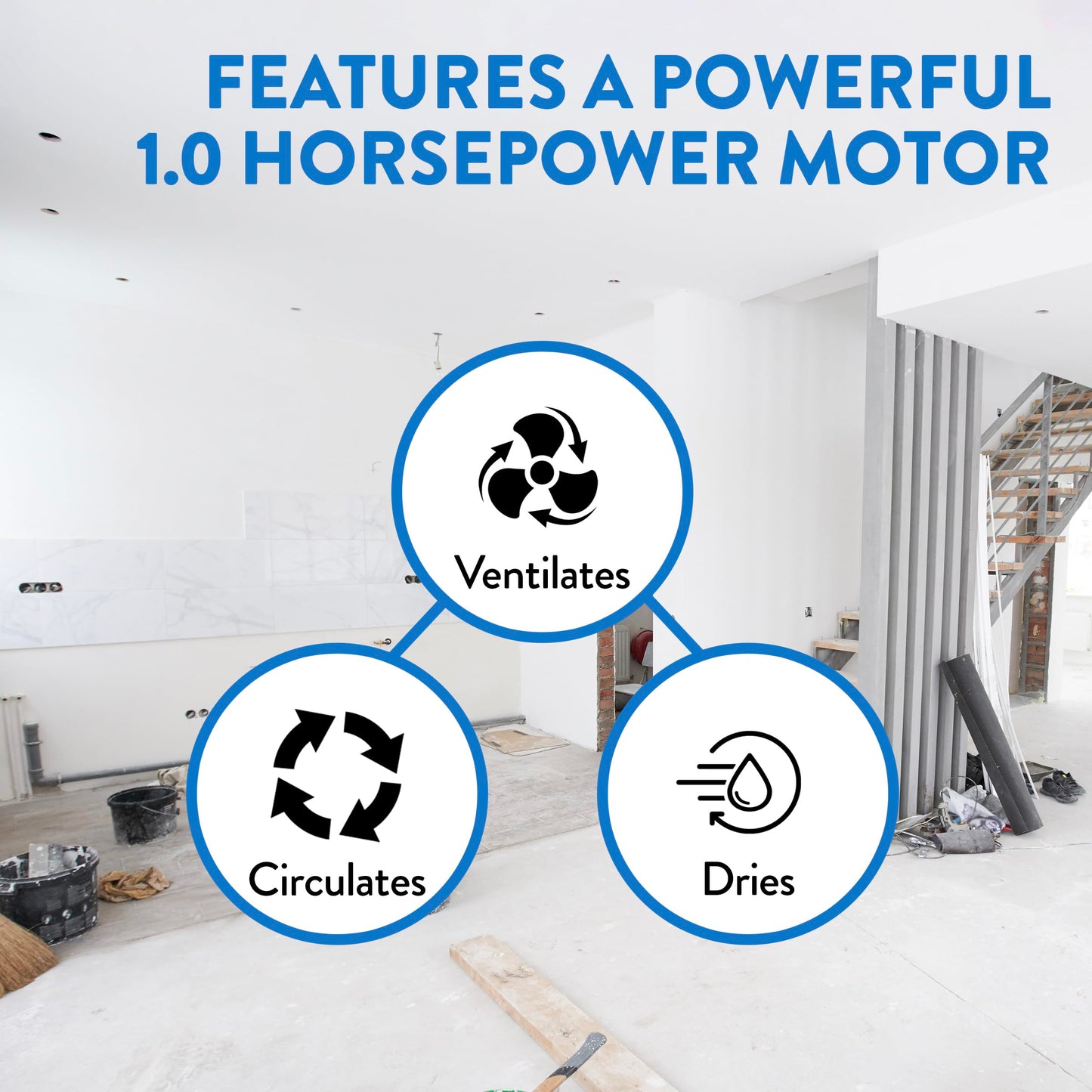 Dri-Eaz Vortex 1.0 HP Ventilation Fan (F174-BLU), Air Mover Blower Fan