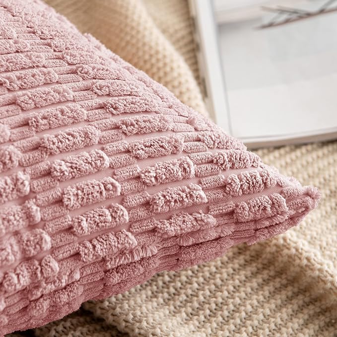 MIULEE Pack of 2 Corduroy Decorative Euro Throw Pillow Covers 24x24 Inch Soft Boho Striped Pillow Covers Modern Farmhouse Home Decor for Sofa Living Room Couch Bed Blush Pink Spring Valentine Decor