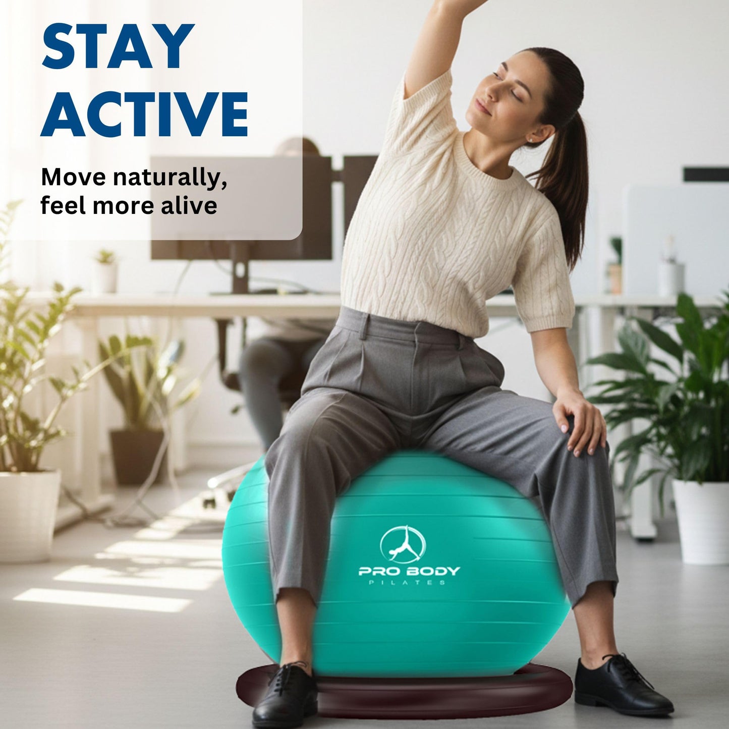 ProBody Pilates Yoga Ball Chair, Exercise Ball Chair with Base or Stand for Home Office Desk Sitting or Workout, Balance Ball & Stability Ball Seat for Back, abs (Aqua, 23-26 inches/58-65 cm)