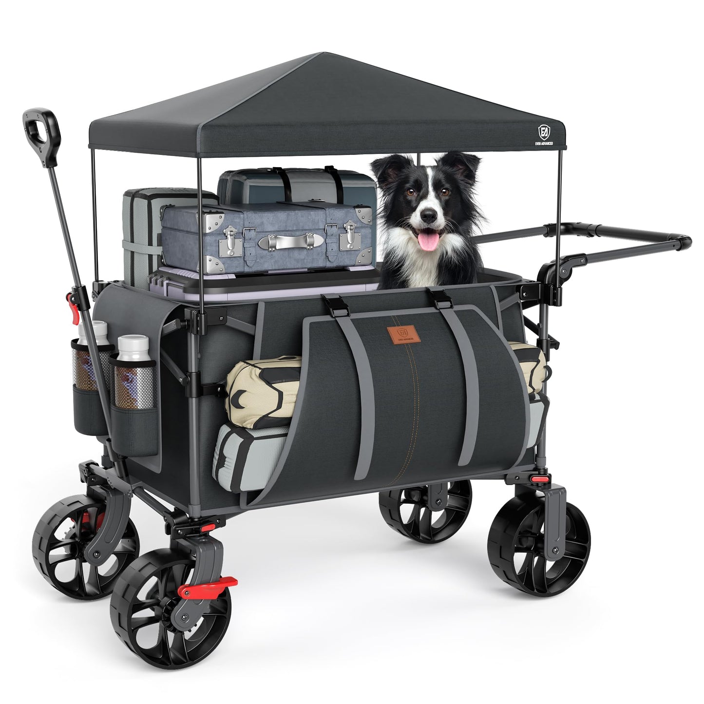 EVER ADVANCED Folding Push Wagon with Canopy, Portable Shopping Cart with Brakes, Collapsible Wagon Cart with All-Terrain Big Wheels for Camping, Beach, Sports