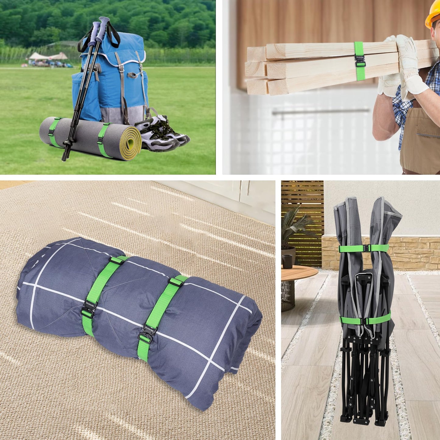 Vividwise Utility Straps with Metal Quick Release Buckle, Adjustable Nylon Belt Backpack Accessories Sleeping Bag Strap for Hiking, Travel, Outdoor Sports (Green-Metal Buckle, 1" W-48 L)