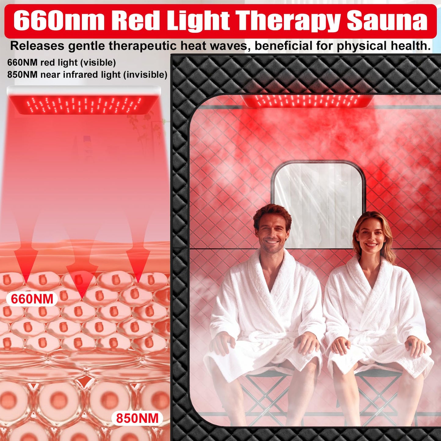 iTHERAU 2 Person Infrared Sauna Box for Home, Portable Steam Sauna Room with 660nm＆850nm Red Light Therapy Lamp, 5-Layer Waterproof, 2 Steamers, 2 Folding Chair